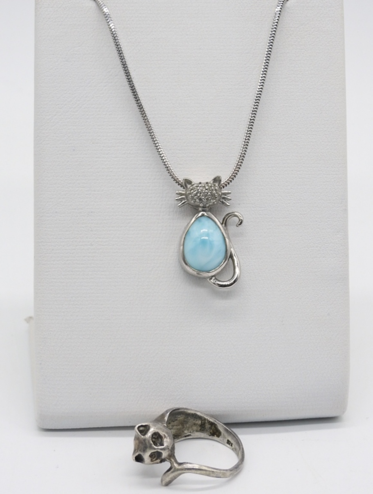 Larimar 925 Cat Necklace and Cat Ring