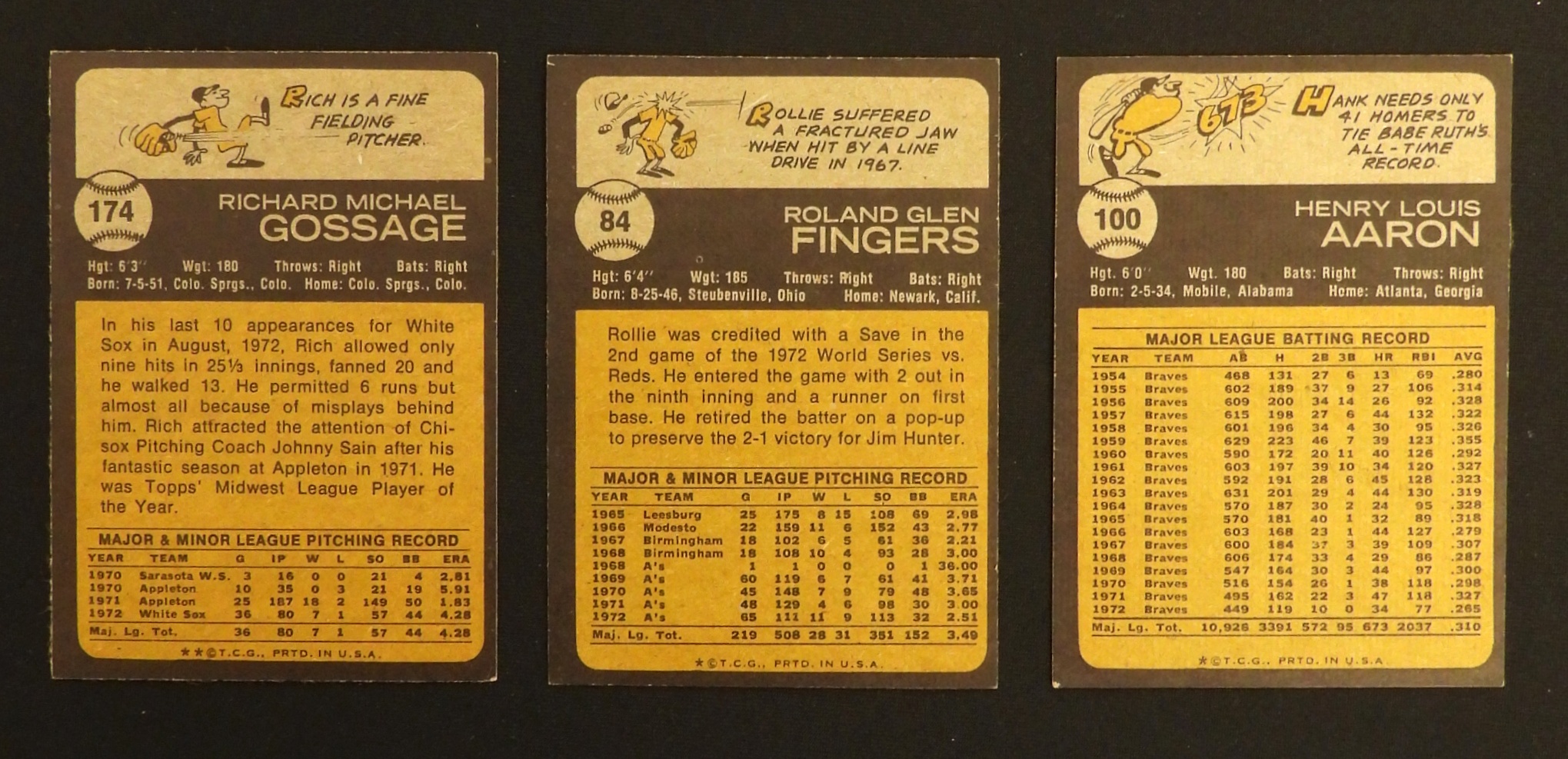 1973 Topps Gossage, Fingers, Aaron Baseball Cards