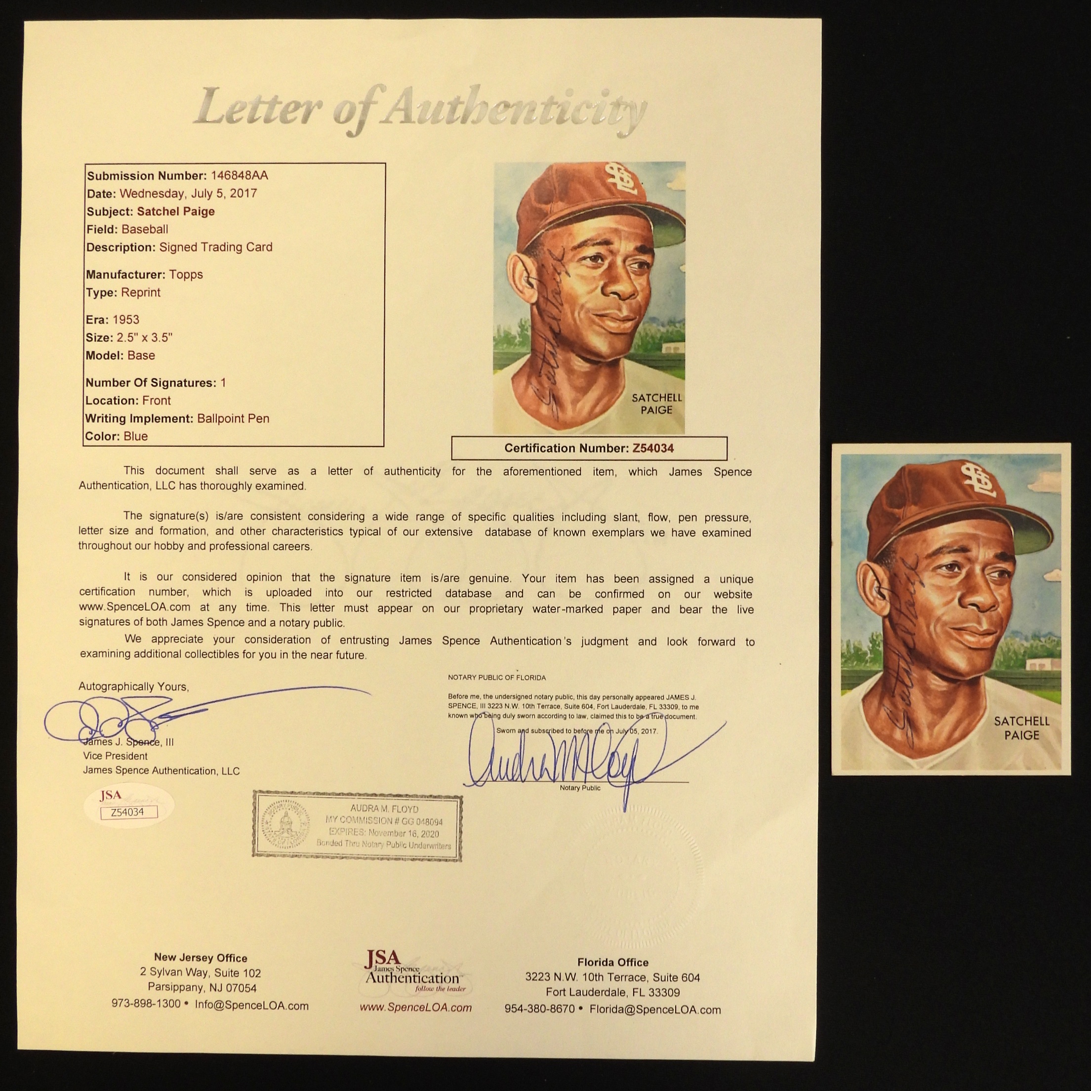 1953 Satchel Paige Signed Topps Reprint Card, JSA