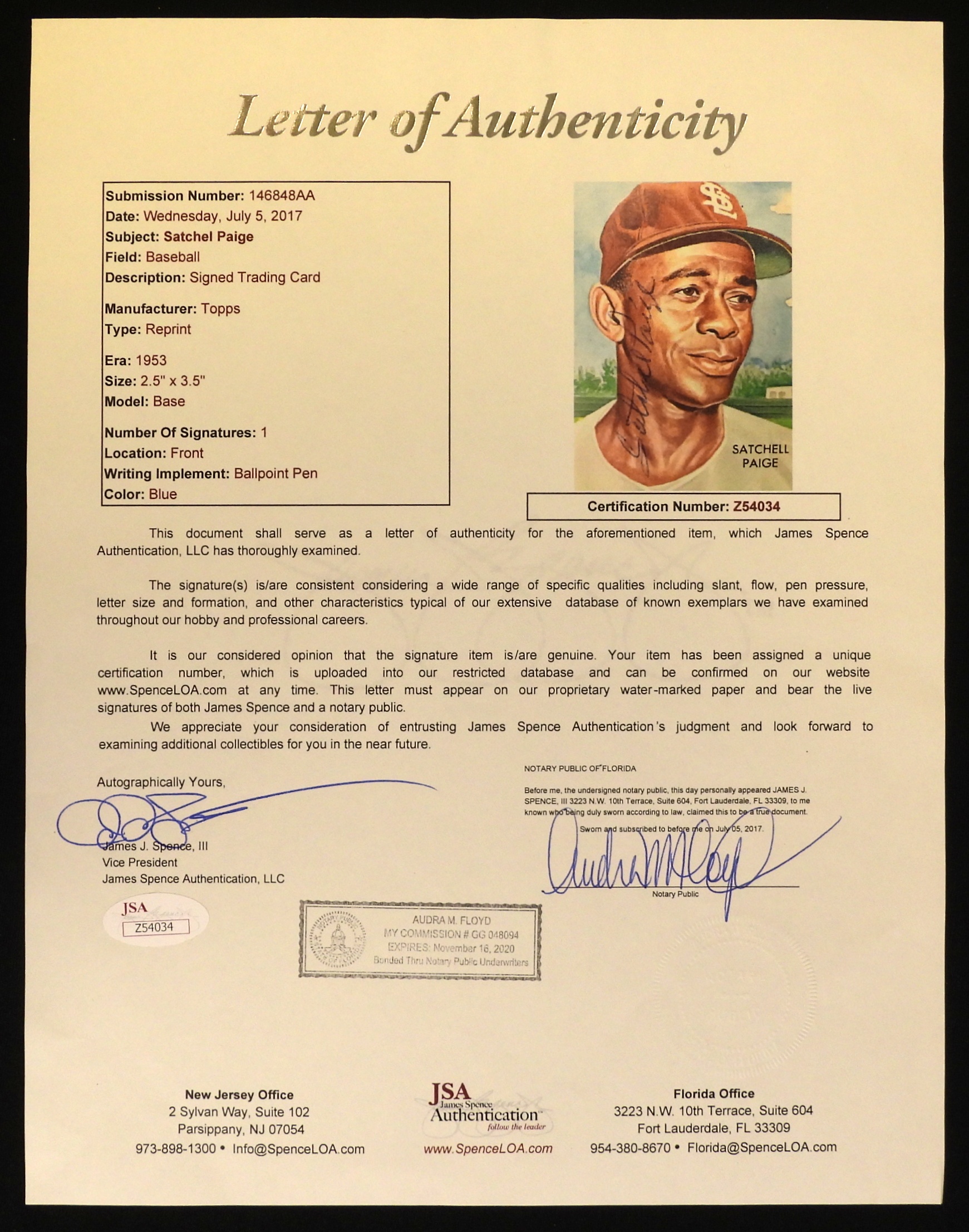 1953 Satchel Paige Signed Topps Reprint Card, JSA