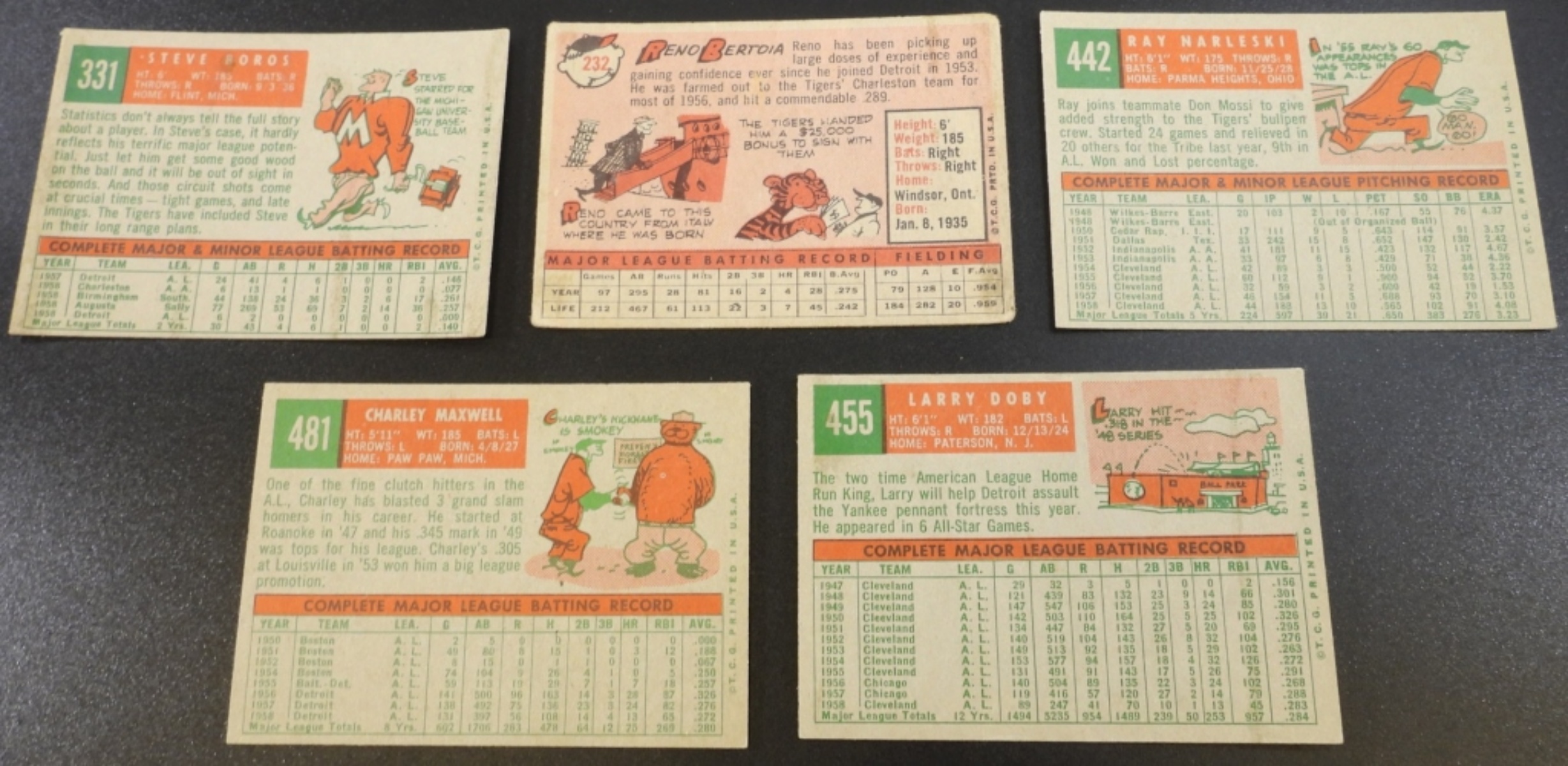 1950s Detroit Tigers Baseball Cards, Set of 5