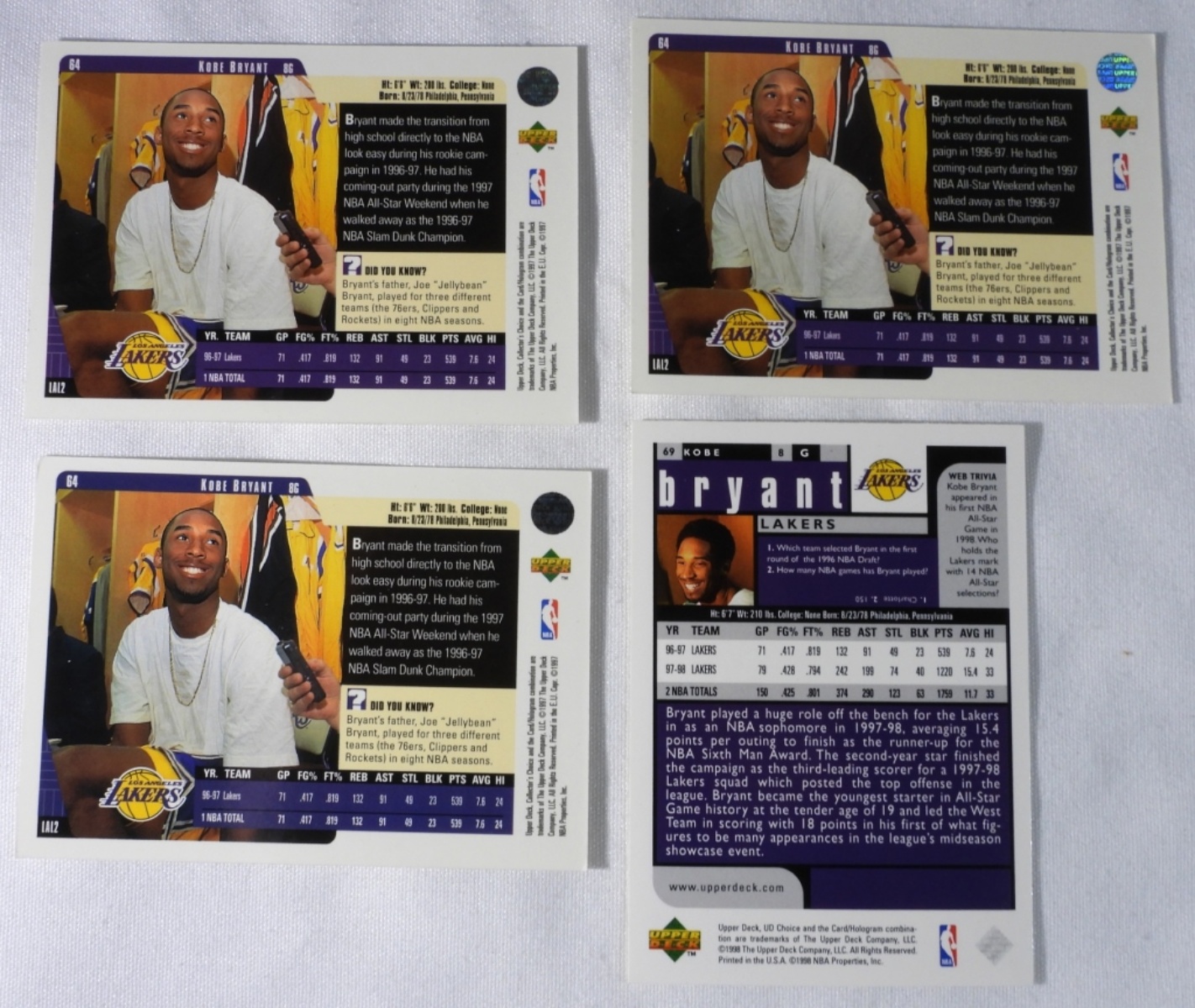 Kobe Bryant Upper Deck Trading Cards Lot (4 cards)