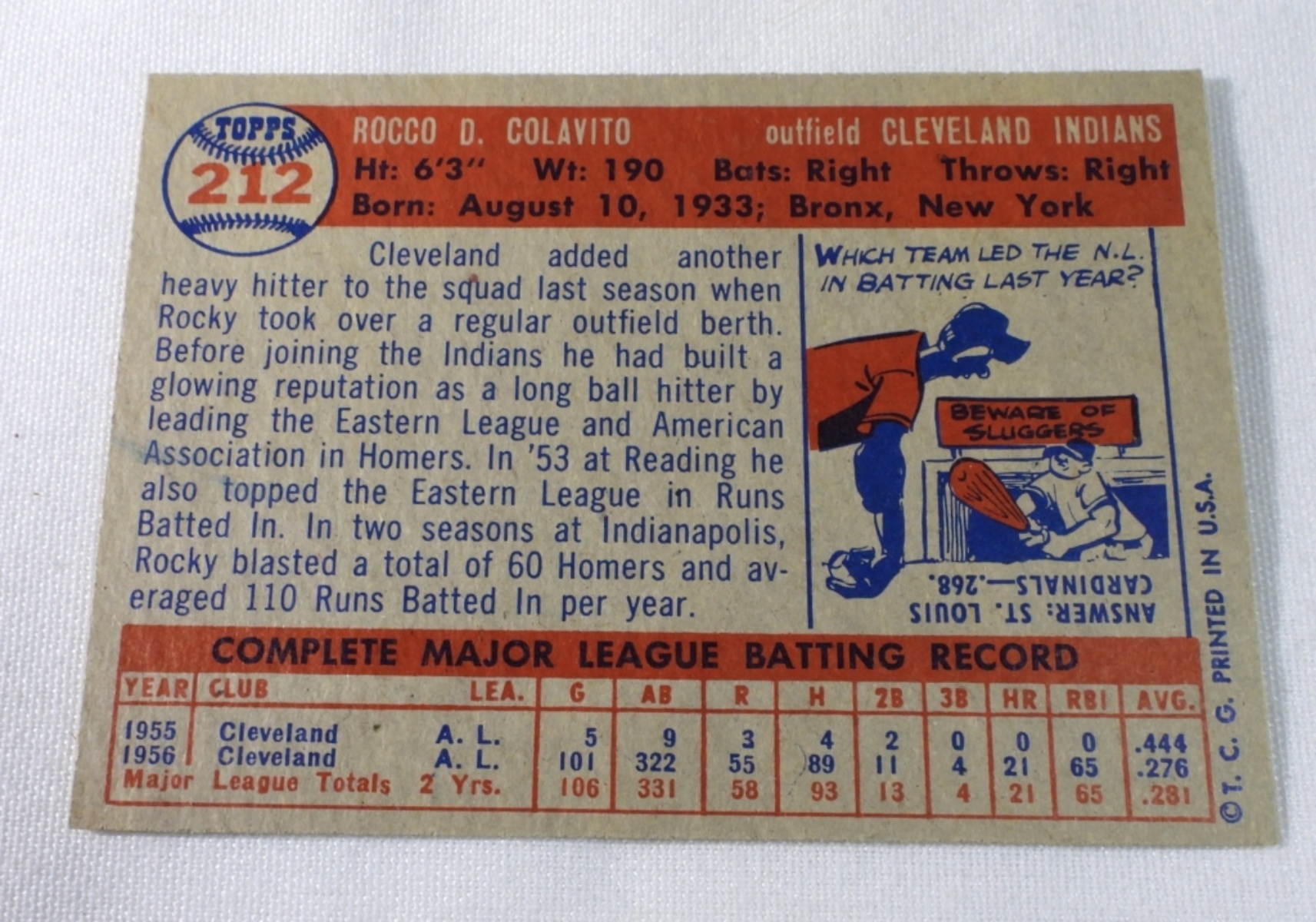 1957 Topps Rocco Colavito Cleveland Indians #212