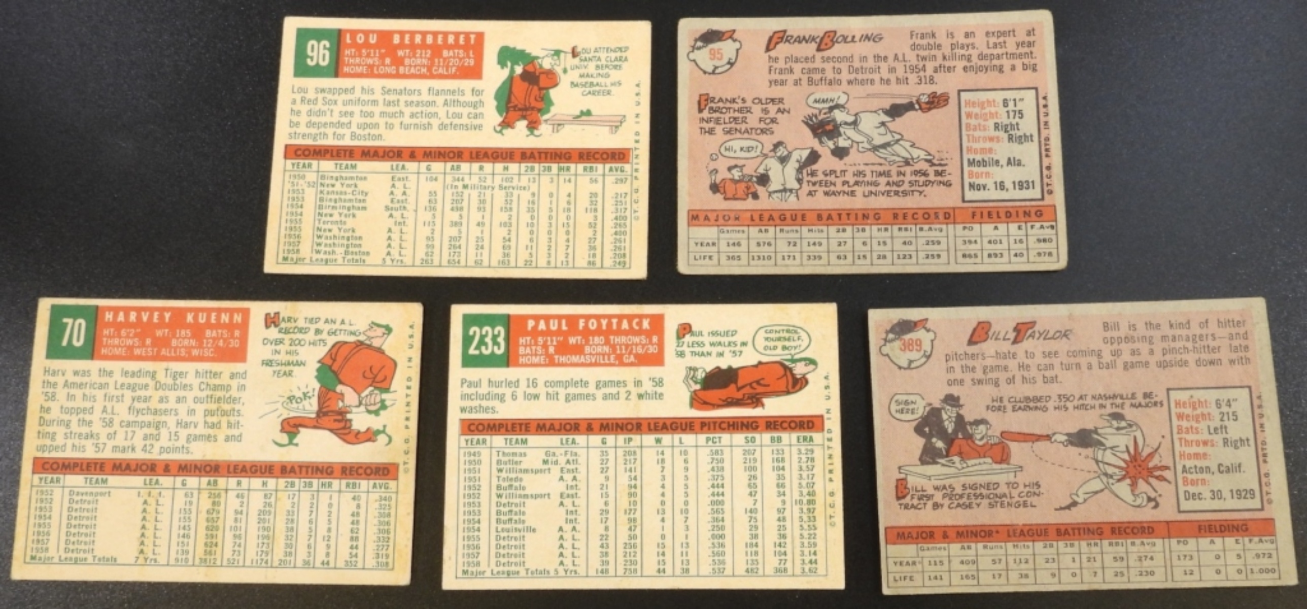 1950s Detroit Tigers Baseball Cards, Set of 5