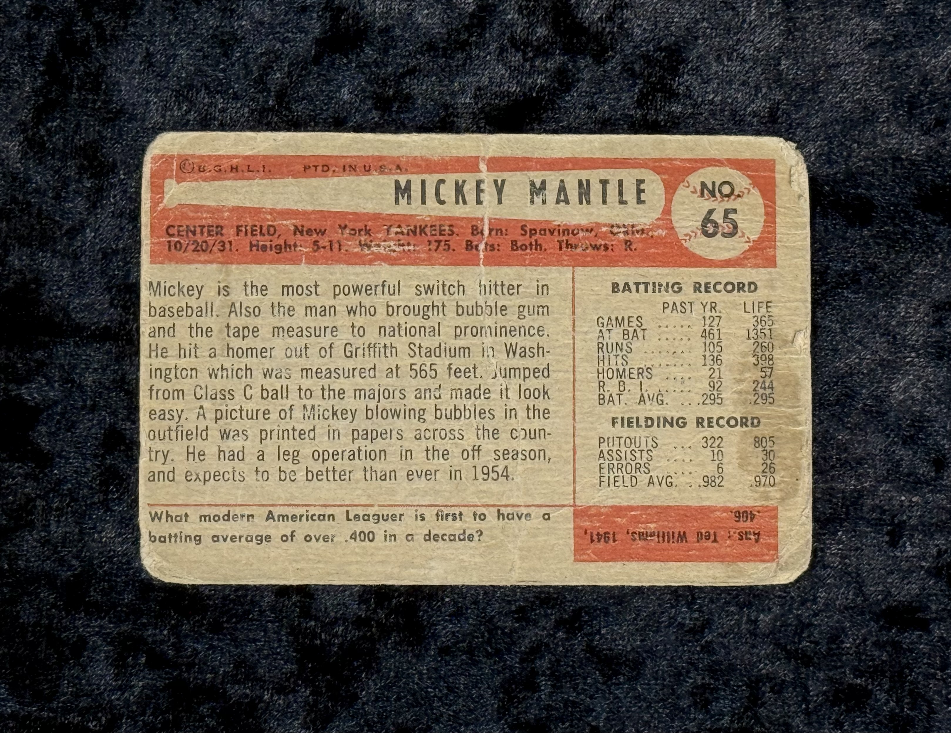 Mickey Mantle 1954 Bowman Baseball Card, Raw