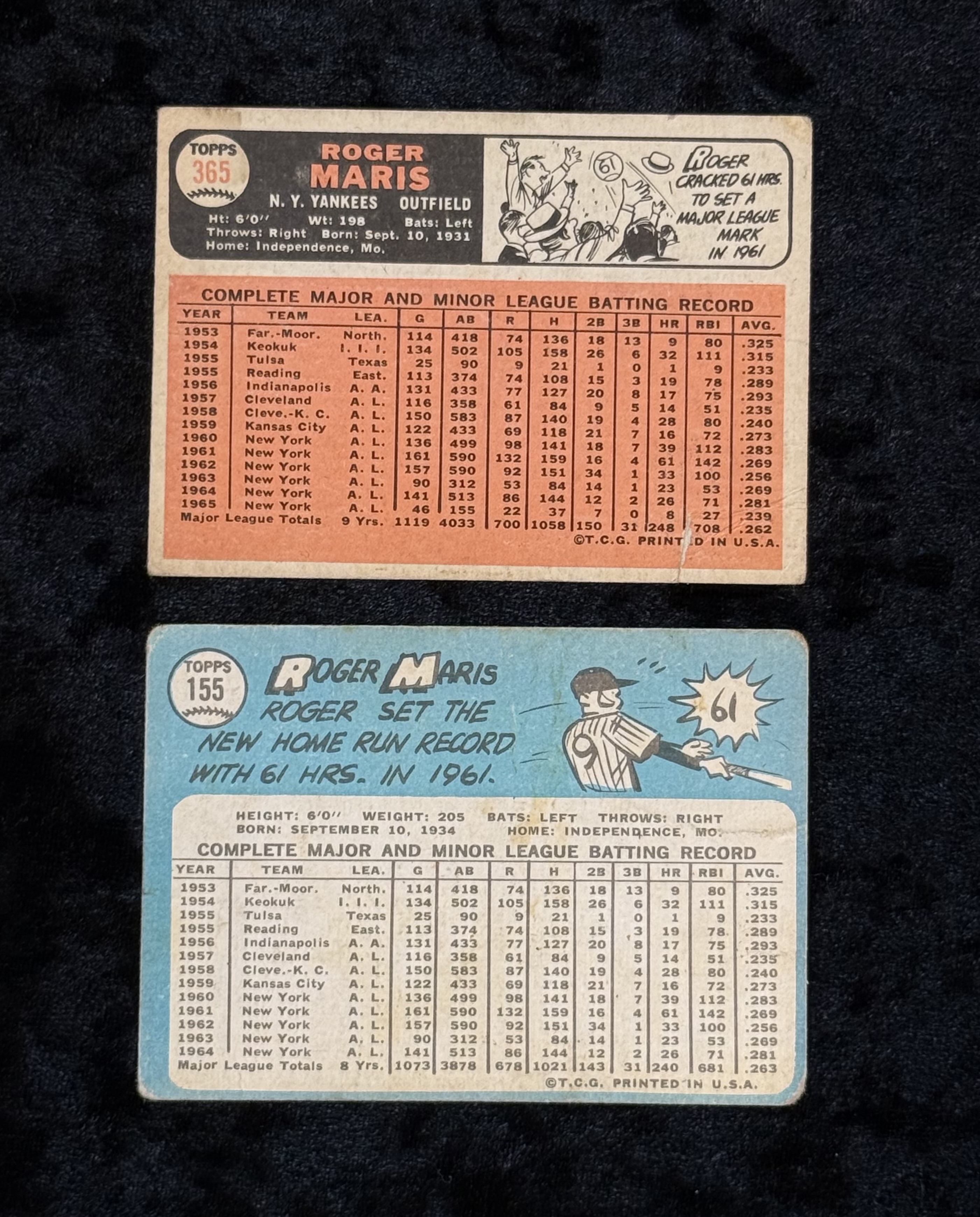 Roger Maris Yankees Baseball Cards, 1965-1966