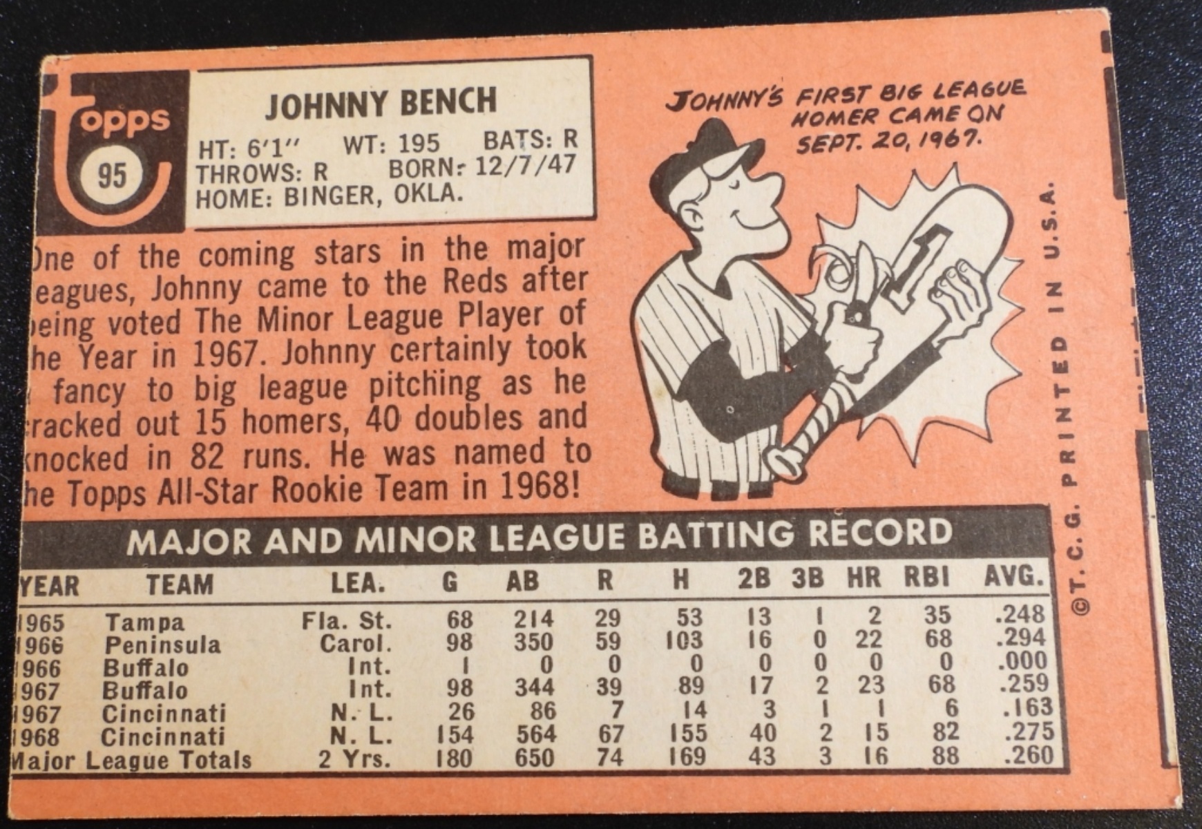 1969 Topps Johnny Bench Rookie #95, Trimmed