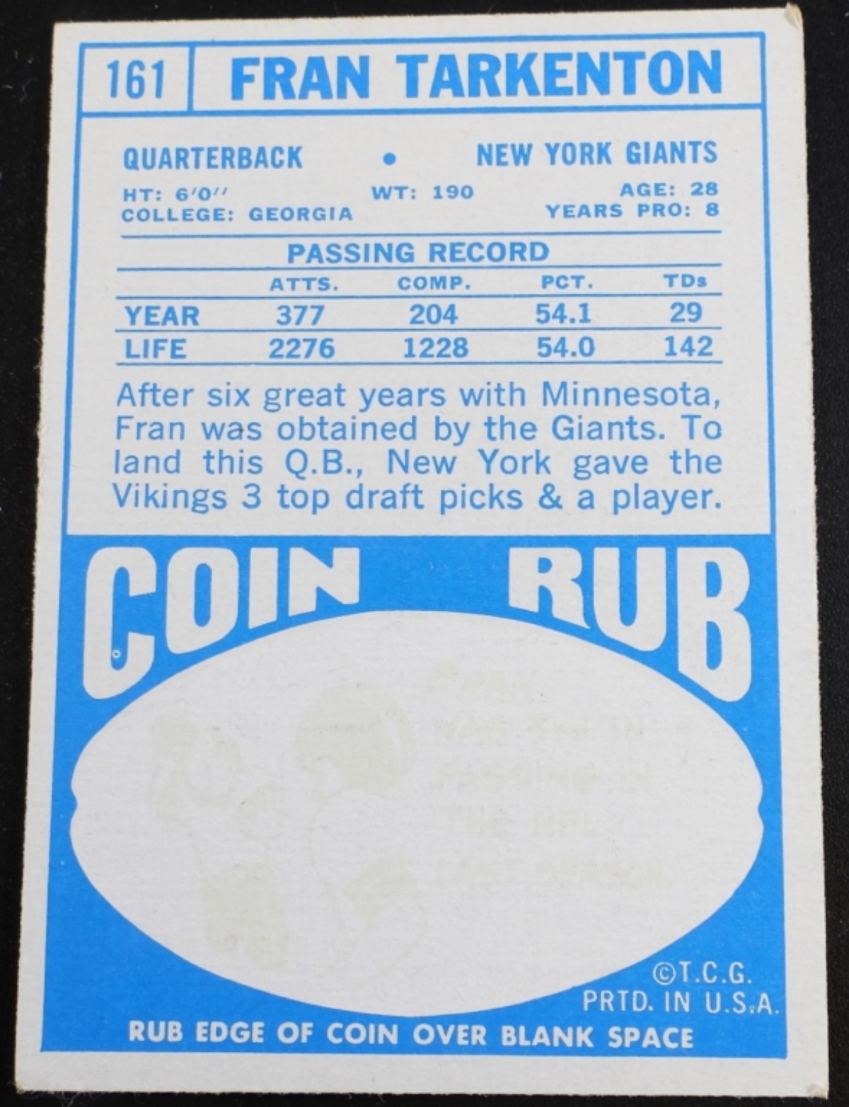 1968 Topps #161 Fran Tarkenton, NY Giants