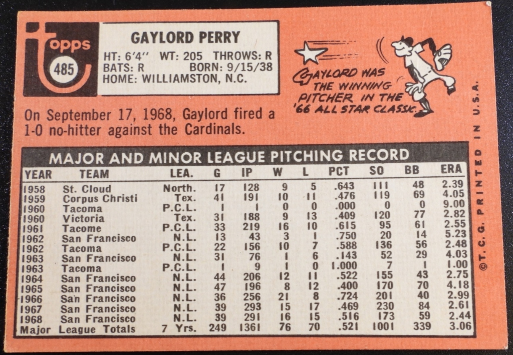 1969 Topps Gaylord Perry #485 Giants Pitcher Card