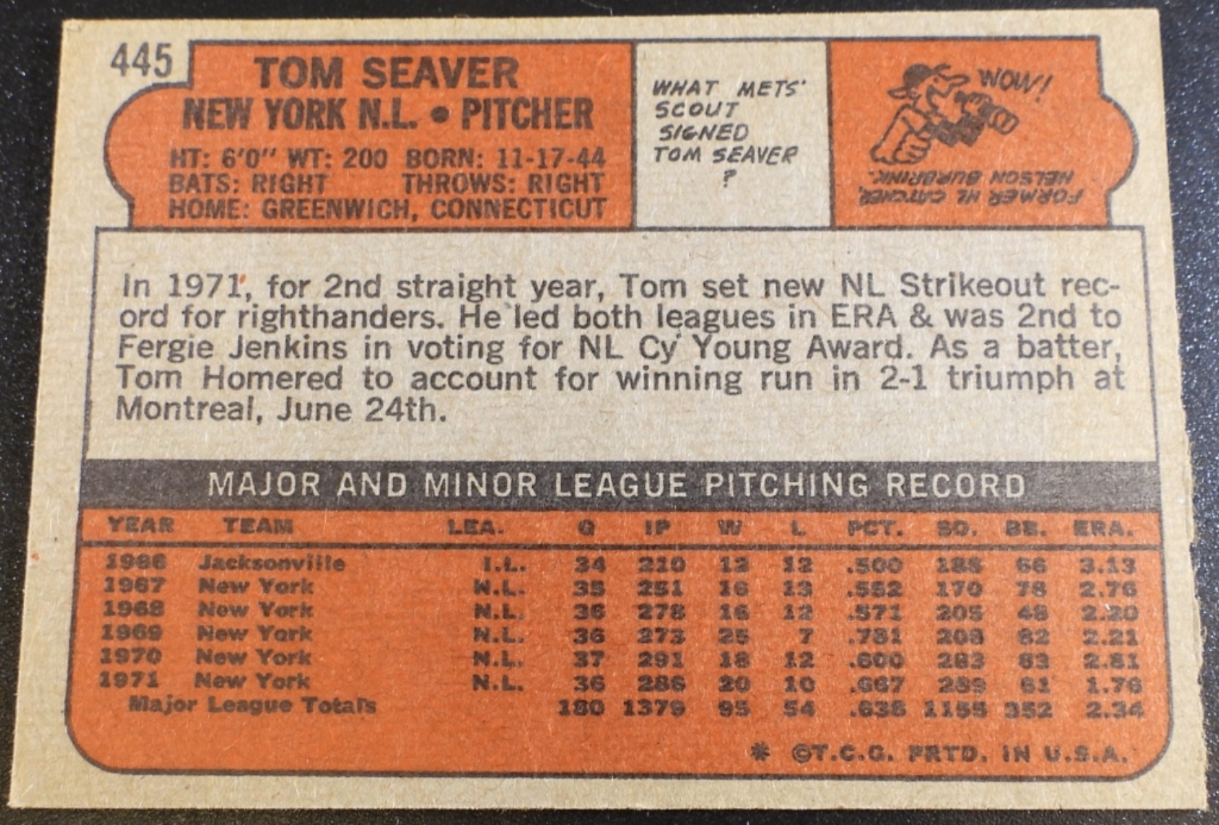 1972 Topps Tom Seaver #445 Mets Pitcher