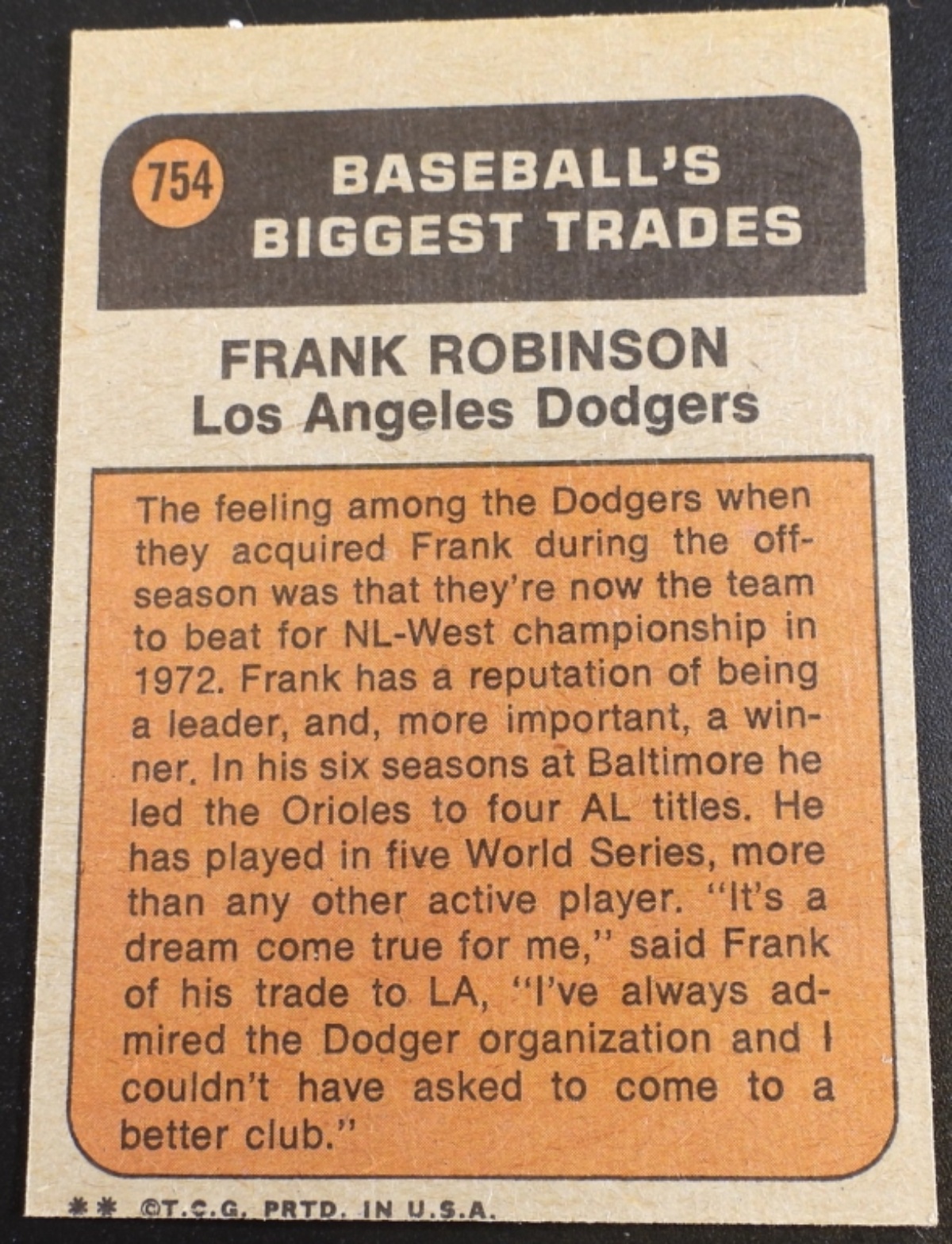 1972 Topps Frank Robinson #754 Traded Card