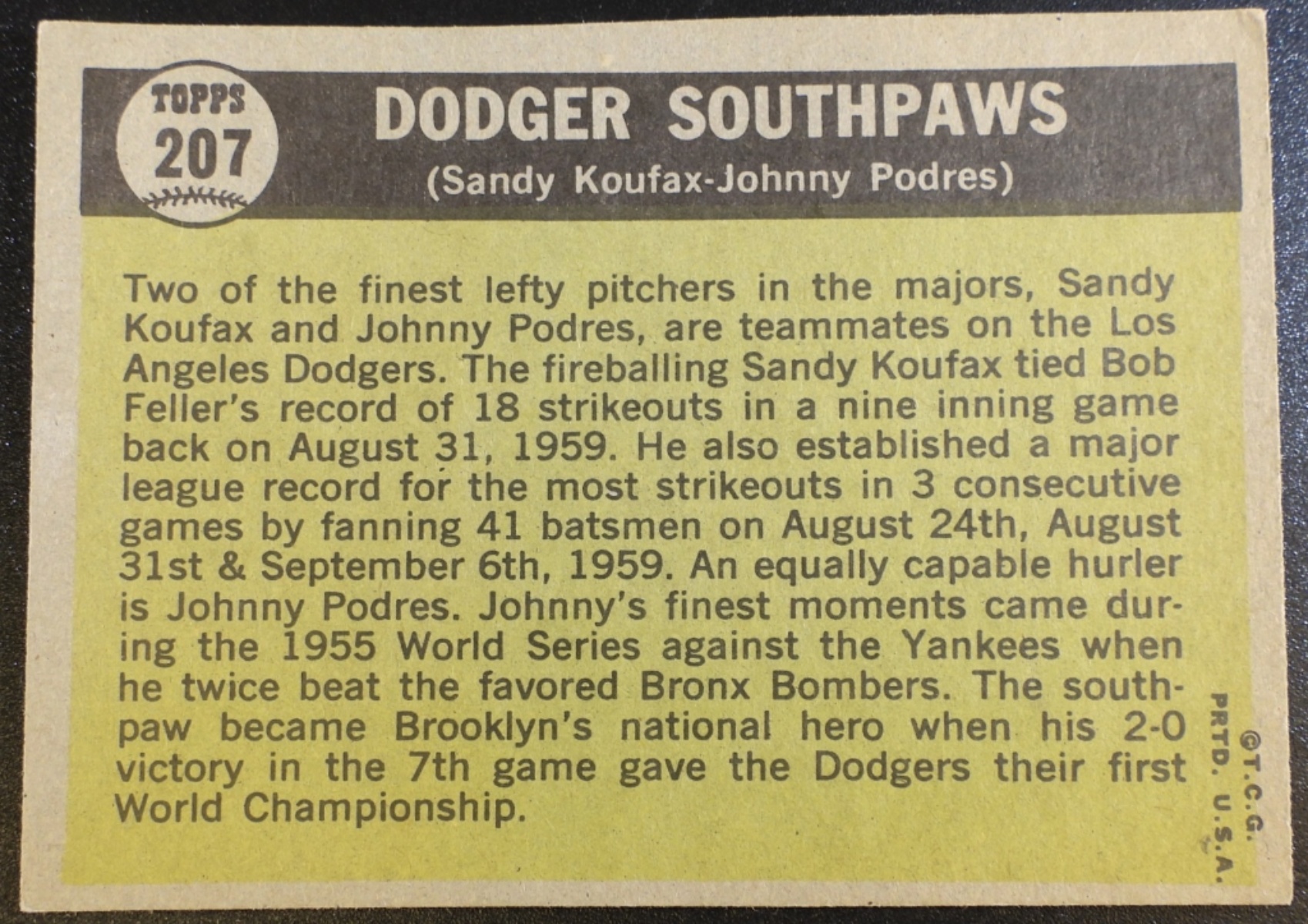 1961 Topps Dodger Southpaws #207 Koufax Podres