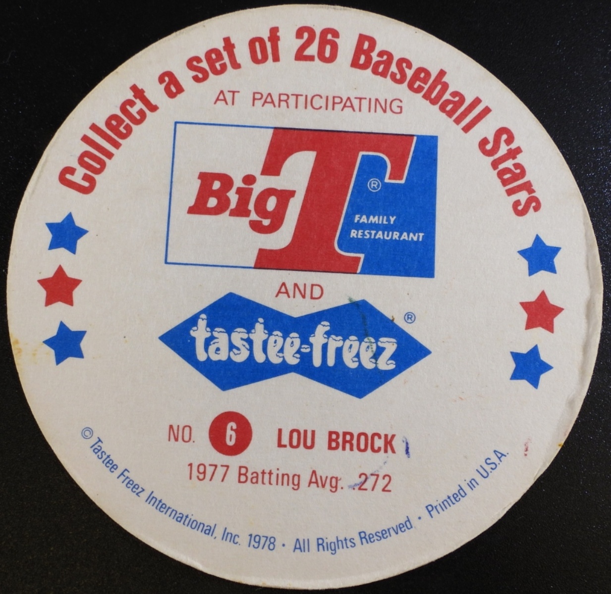 1978 Tastee-Freez Lou Brock Baseball Disc #6
