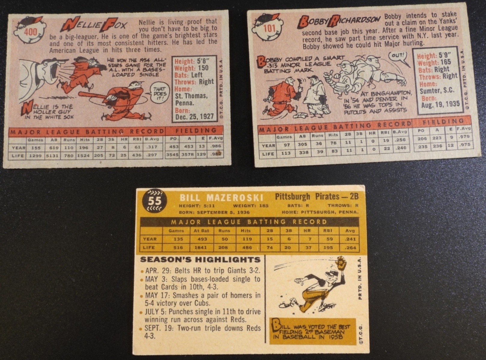 3 Topps Baseball Cards 1958-1960 Fox Richardson