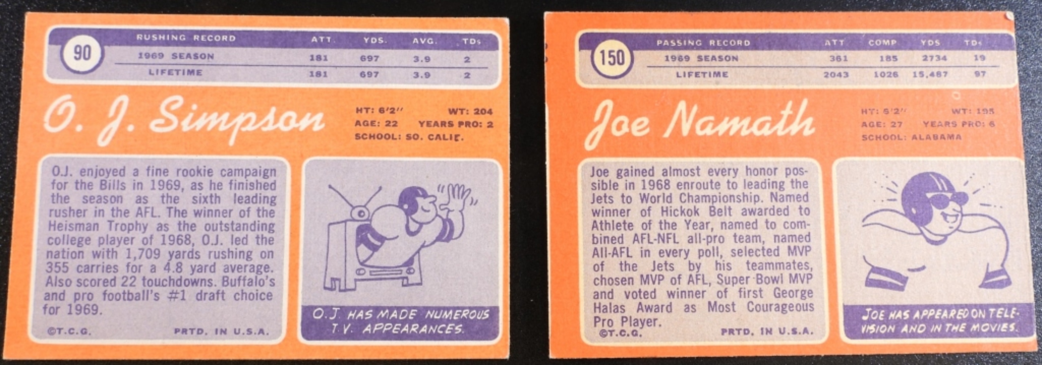 1970 Topps Football #90 Simpson, #150 Namath