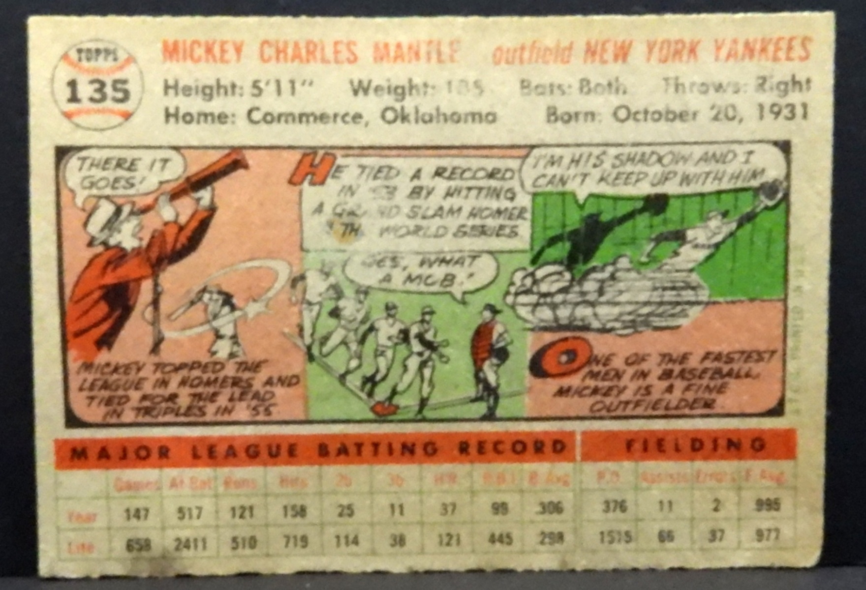 1956 Mickey Mantle Topps Card 135 New York Yankees