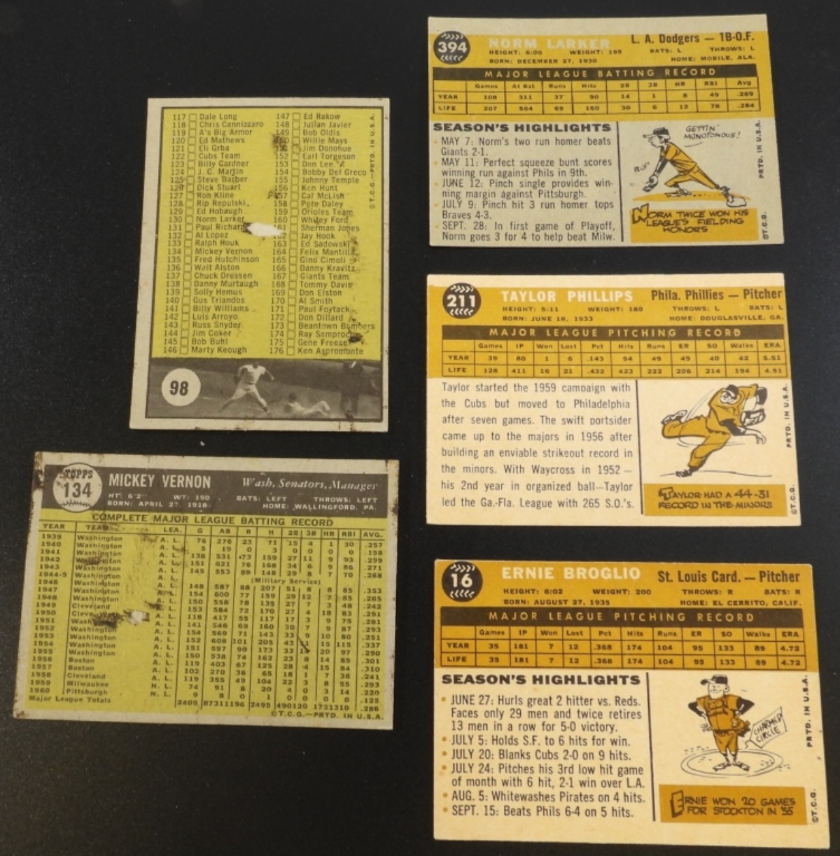1960s Baseball Card Lot, 5 Cards Vintage