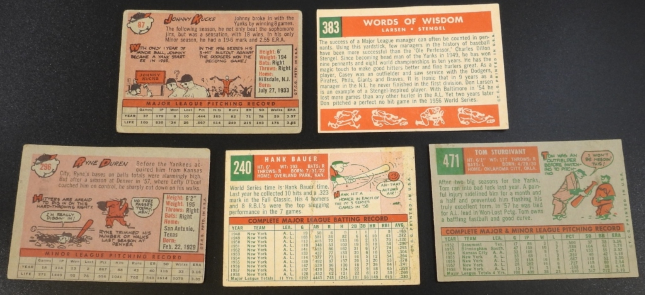 1950s Yankees Trading Cards Lot, 5 Cards