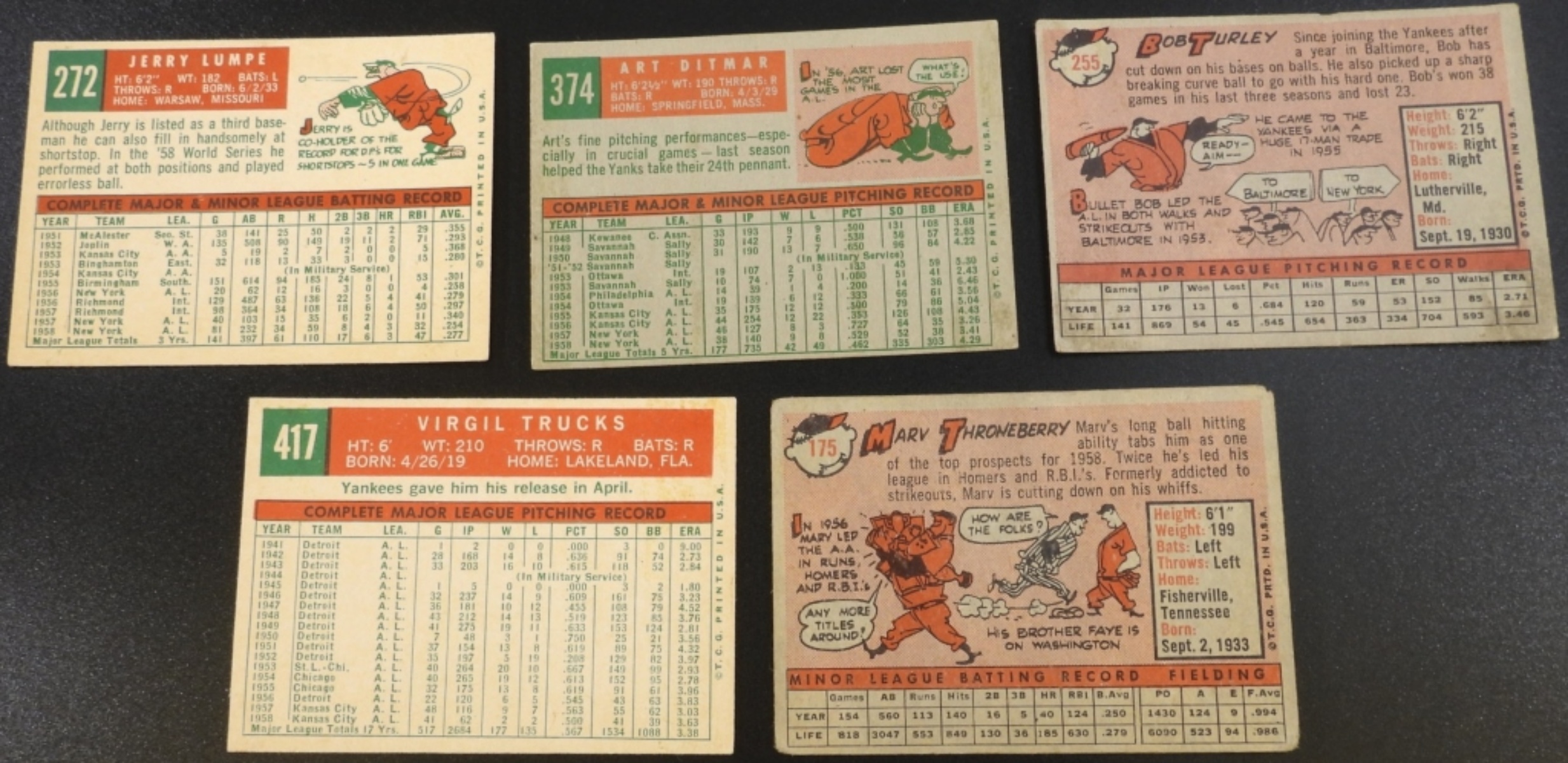 1950s Topps Yankees Baseball Cards, 5 Cards