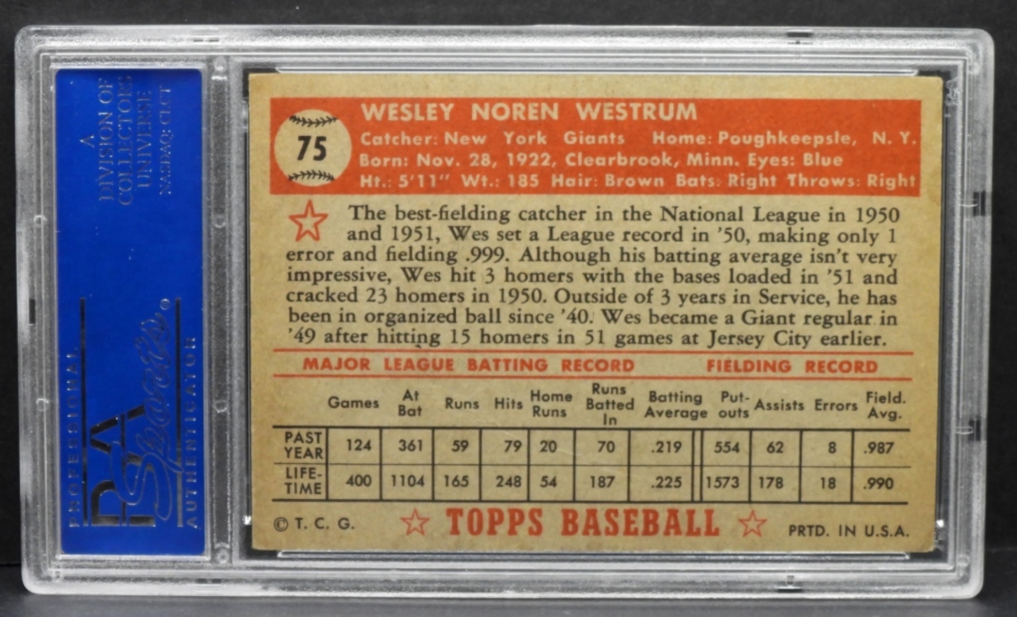 PSA TOPPS 1952 Wes Westrum #75 VG-EX 4
