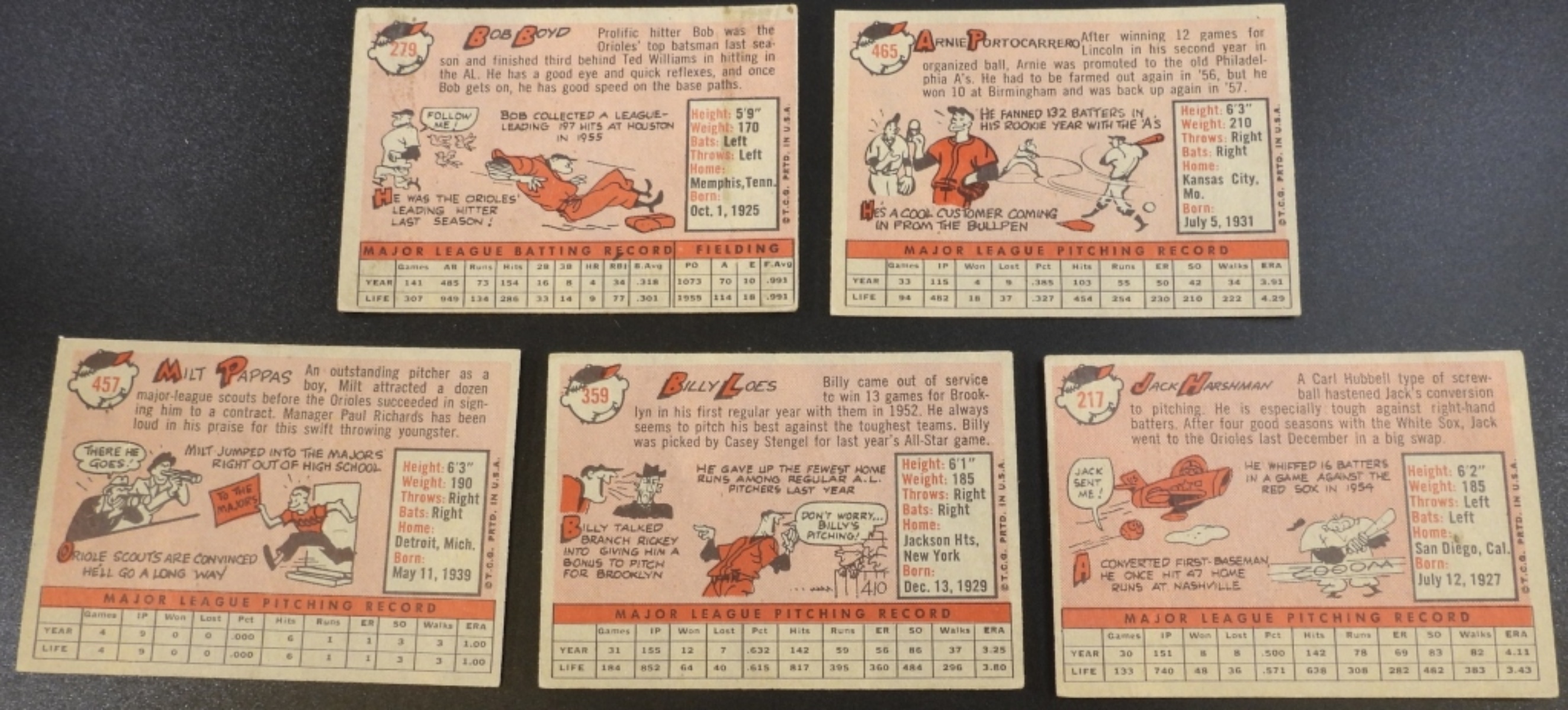 1950s Baltimore Orioles Baseball Cards Lot of 5
