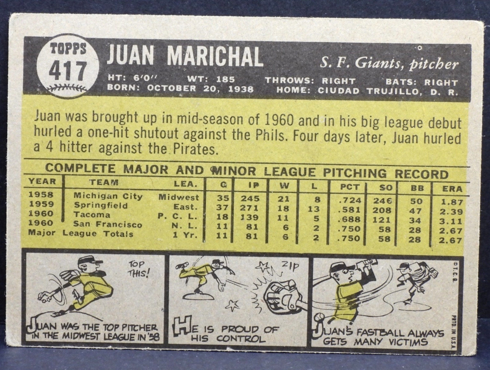 1961 TOPPS #417 Juan Marichal Rookie Card