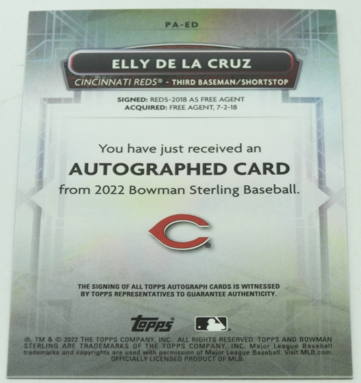2022 Elly De La Cruz Signed Bowman Sterling Rookie