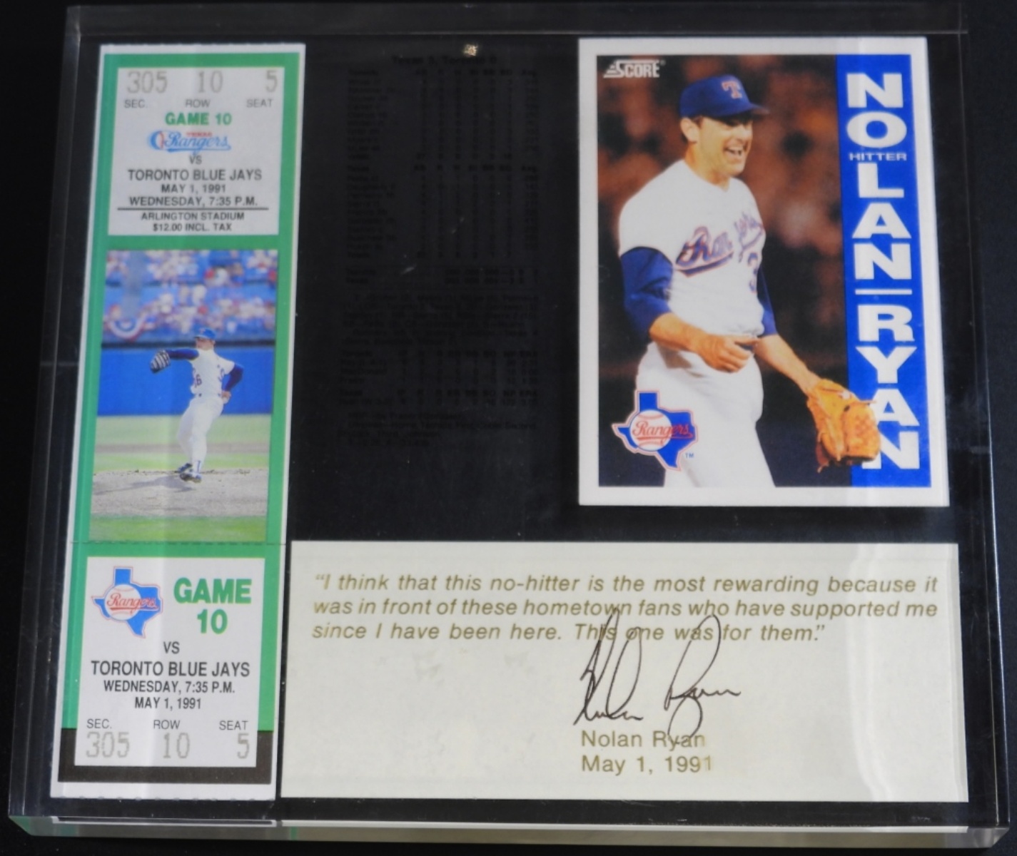 1991 Nolan Ryan No-Hitter Signed Ticket Display