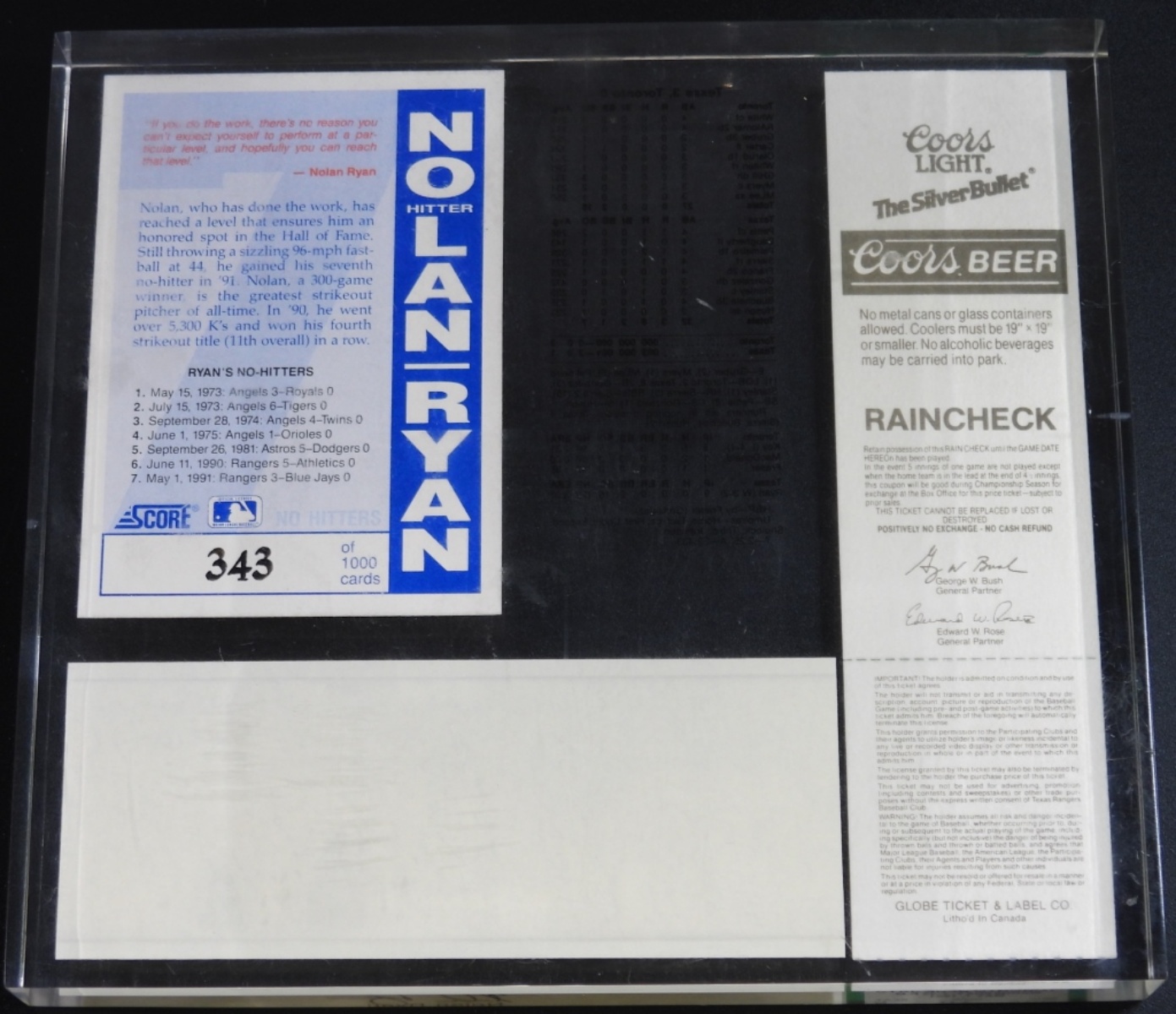 1991 Nolan Ryan No-Hitter Signed Ticket Display
