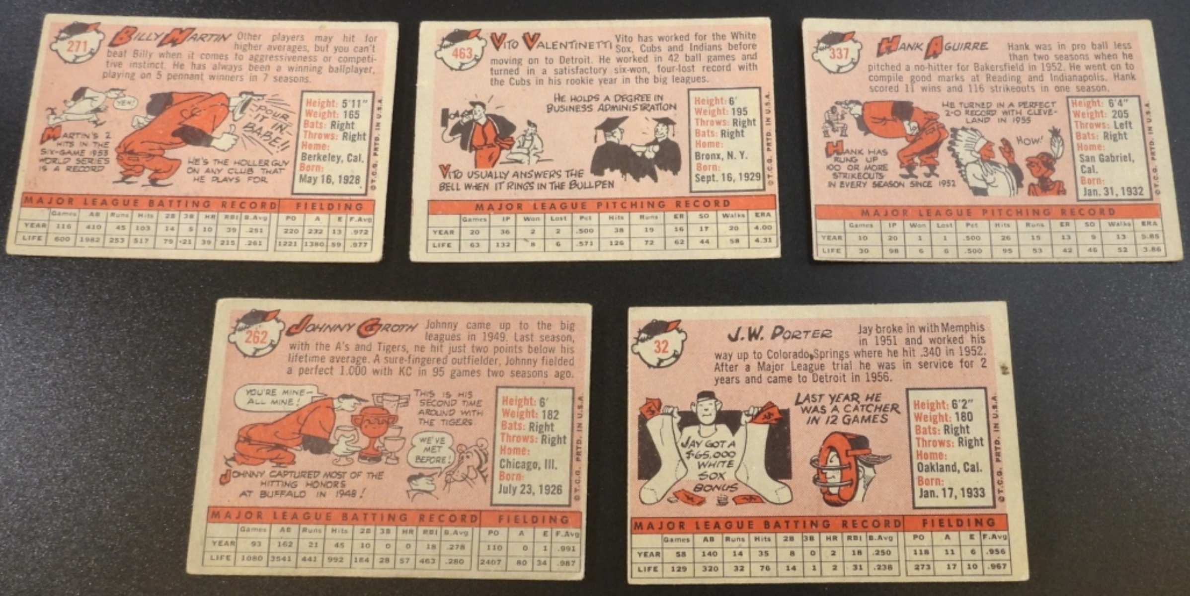 1950s Detroit Tigers Topps Baseball Cards, 5-Card