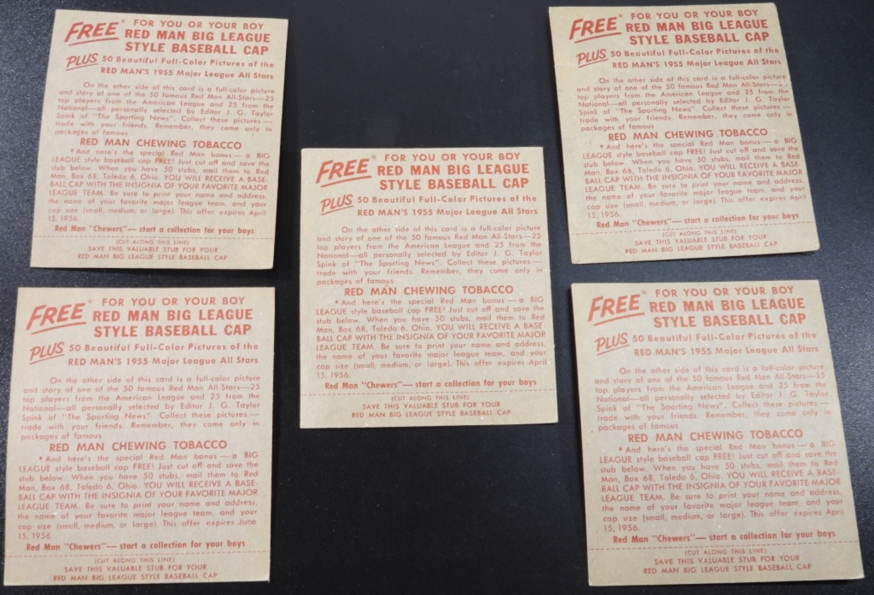 1955 Red Man All-Star Series Baseball Cards, 5pc