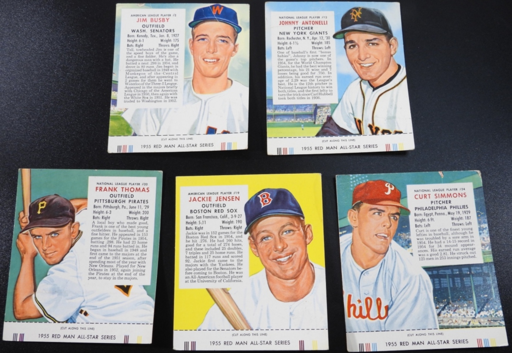 1955 Red Man All-Star Series Baseball Cards, 5pc
