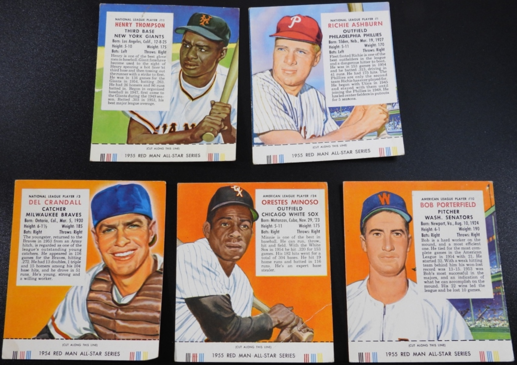 1955 Red Man All-Star Series Baseball Cards (5)