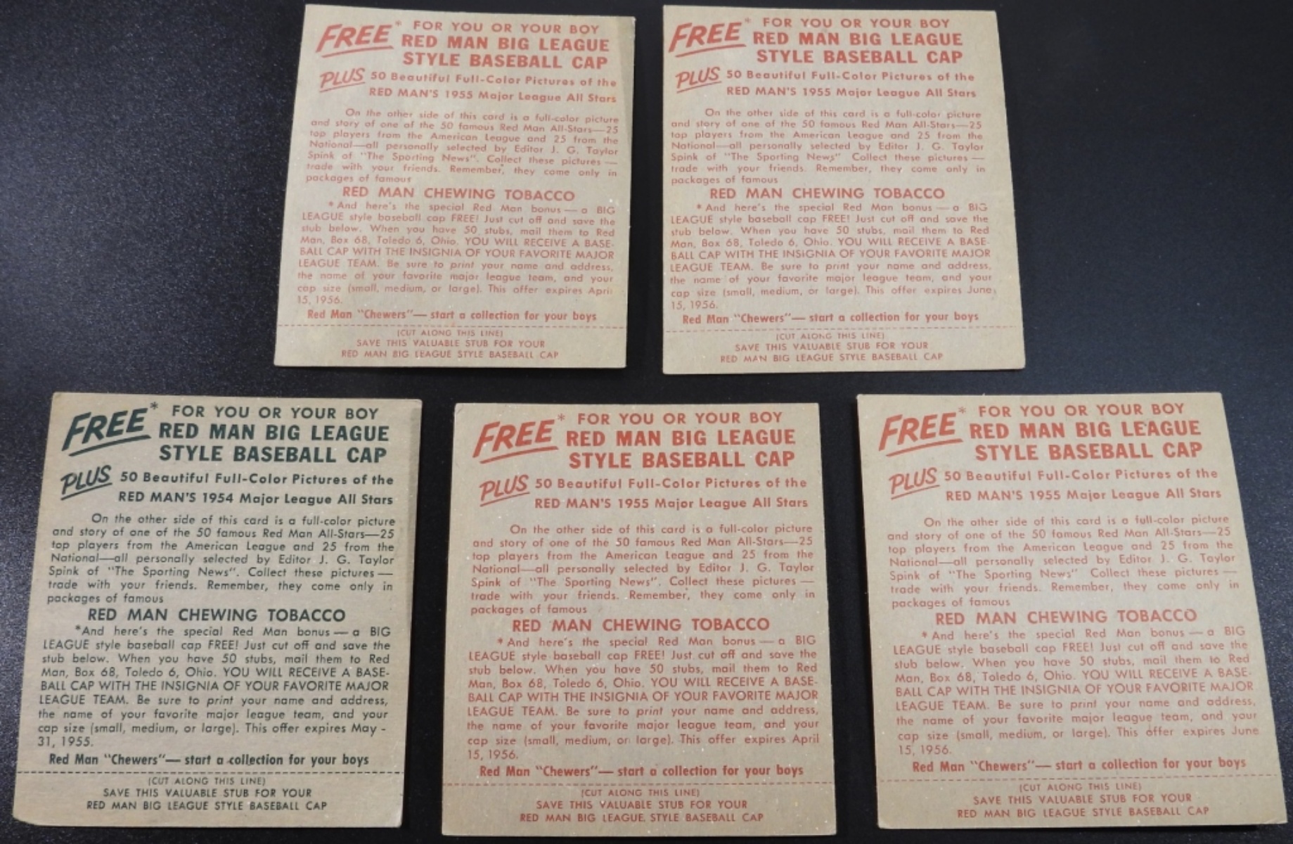1955 Red Man All-Star Series Baseball Cards (5)