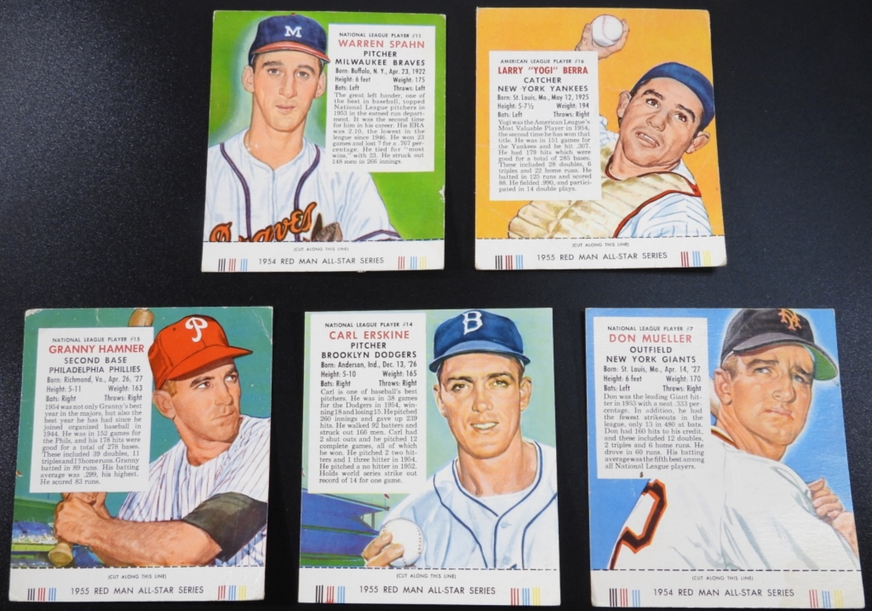 1955 Red Man All-Star Series Baseball Cards (5)