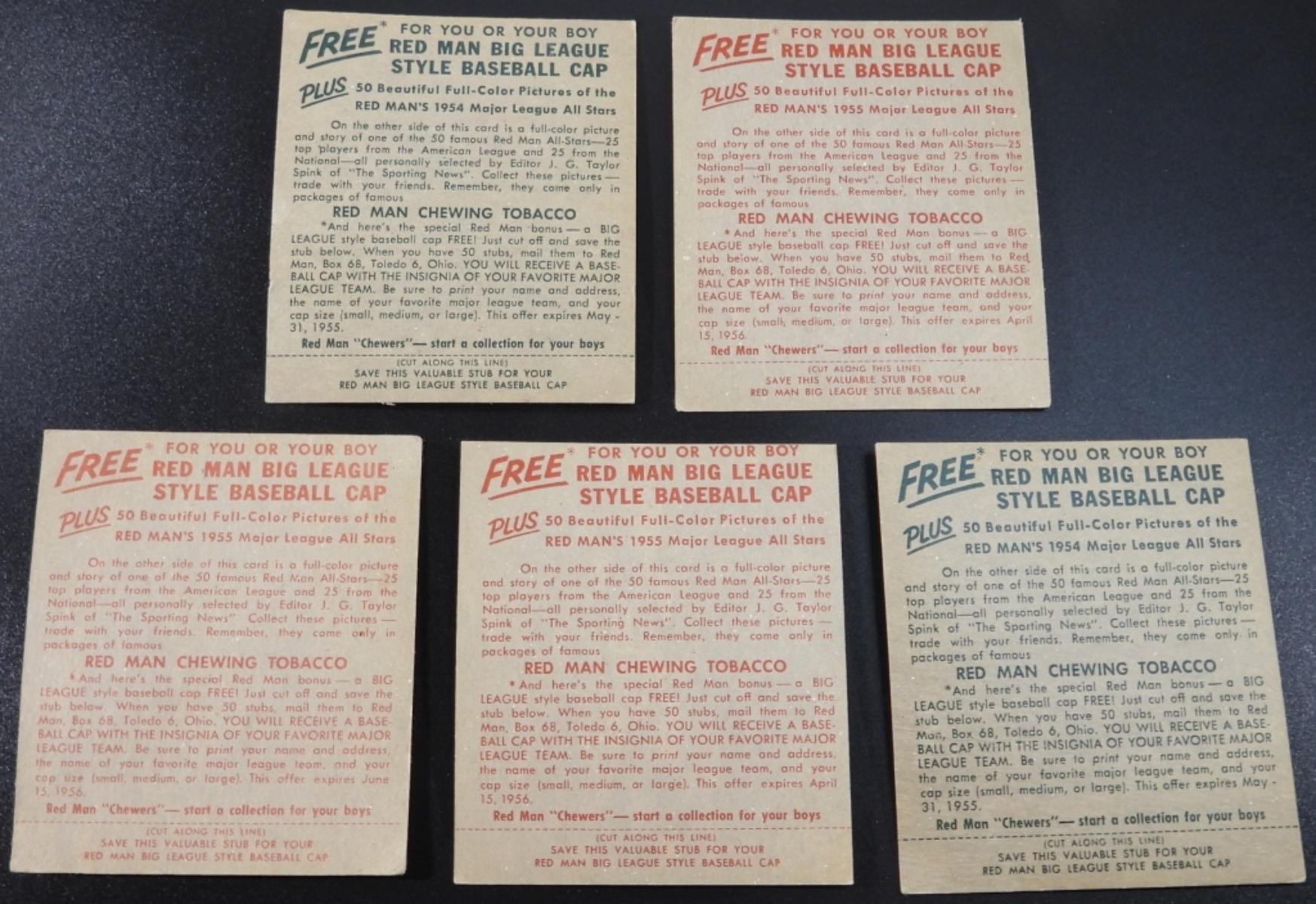 1955 Red Man All-Star Series Baseball Cards (5)