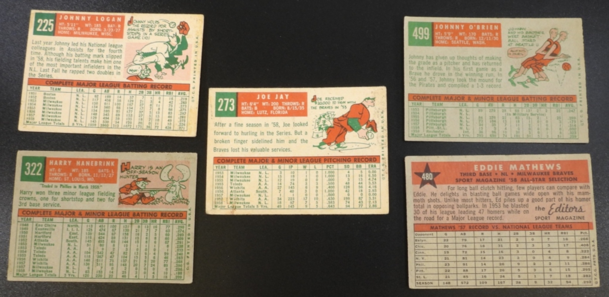 5 1950s Topps Milwaukee Braves Cards Lot