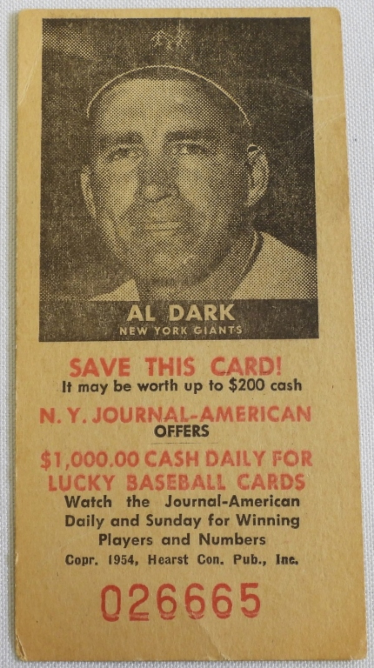 1954 Al Dark New York Giants Baseball Card