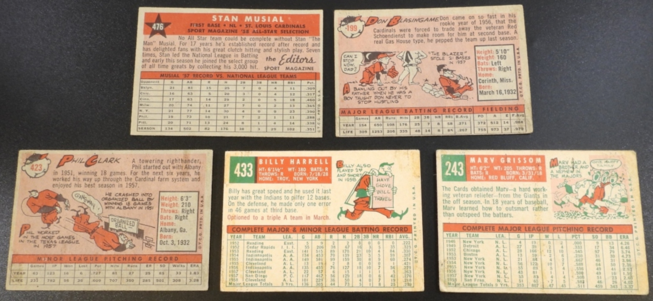 1950s St. Louis Cardinals Trading Cards Lot of 5