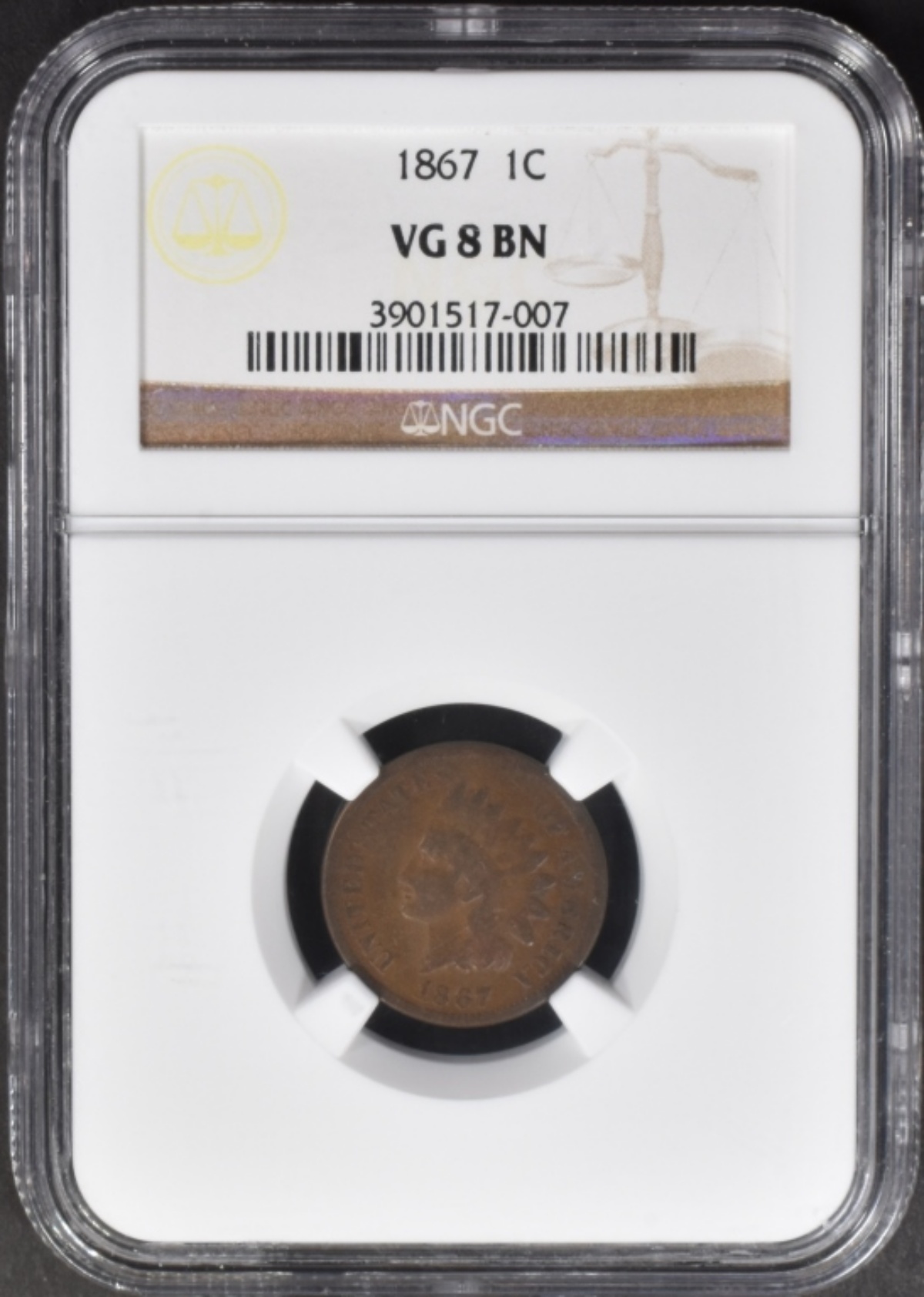 1867 Indian Cent VG8 BN NGC