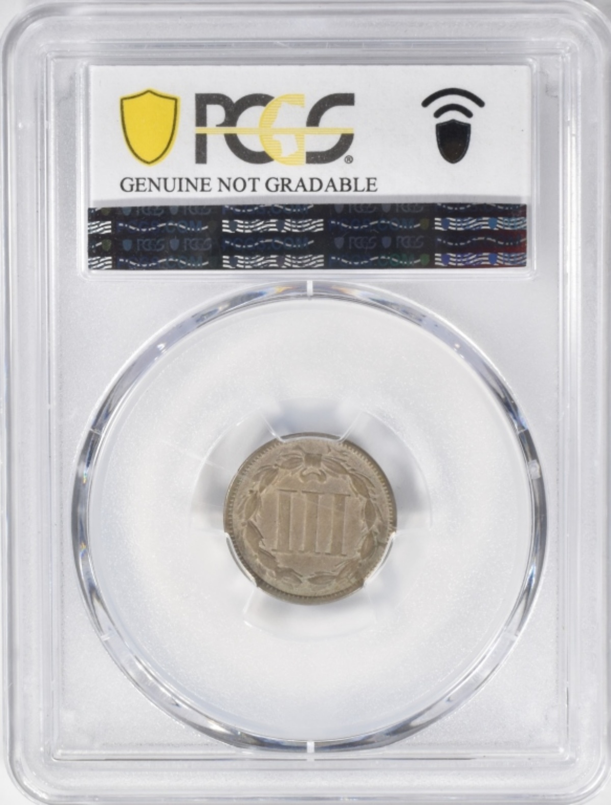 1865 3 Cent Nickel Genuine F PCGS Edge Damage