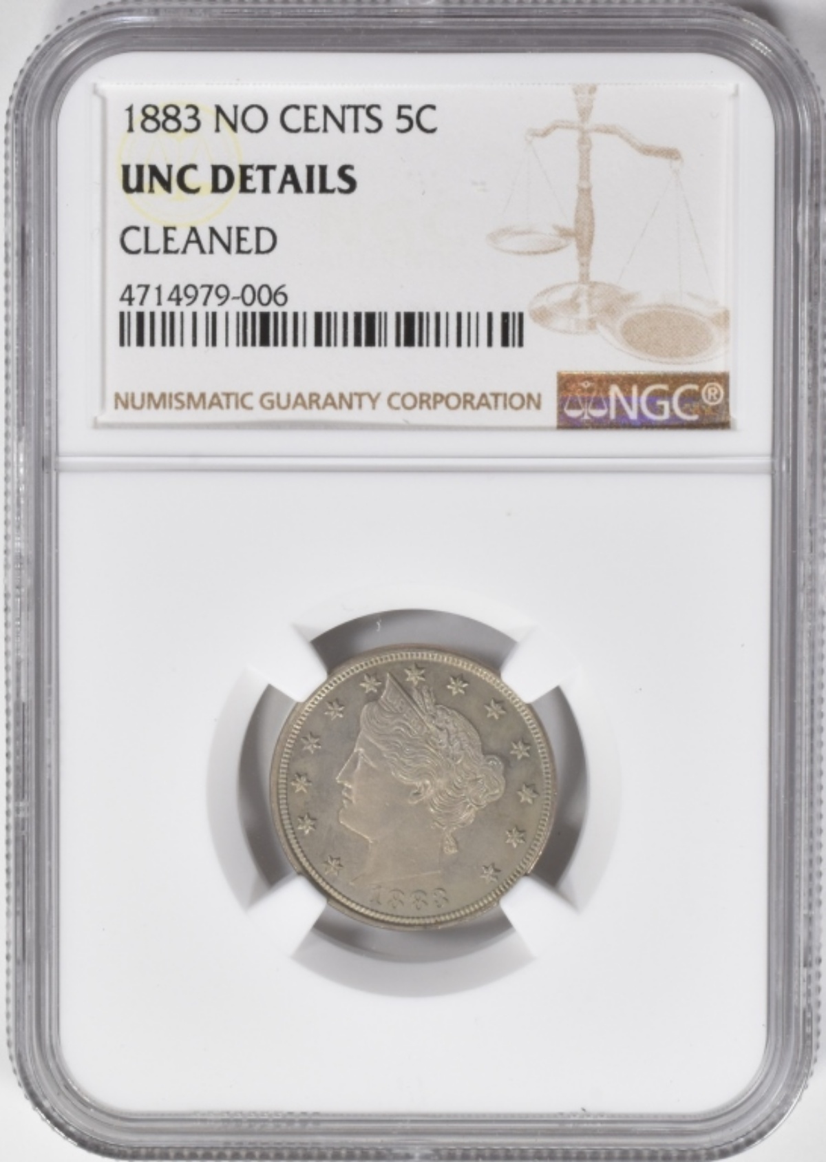 1883 No Cents V Nickel Unc Cleaned NGC