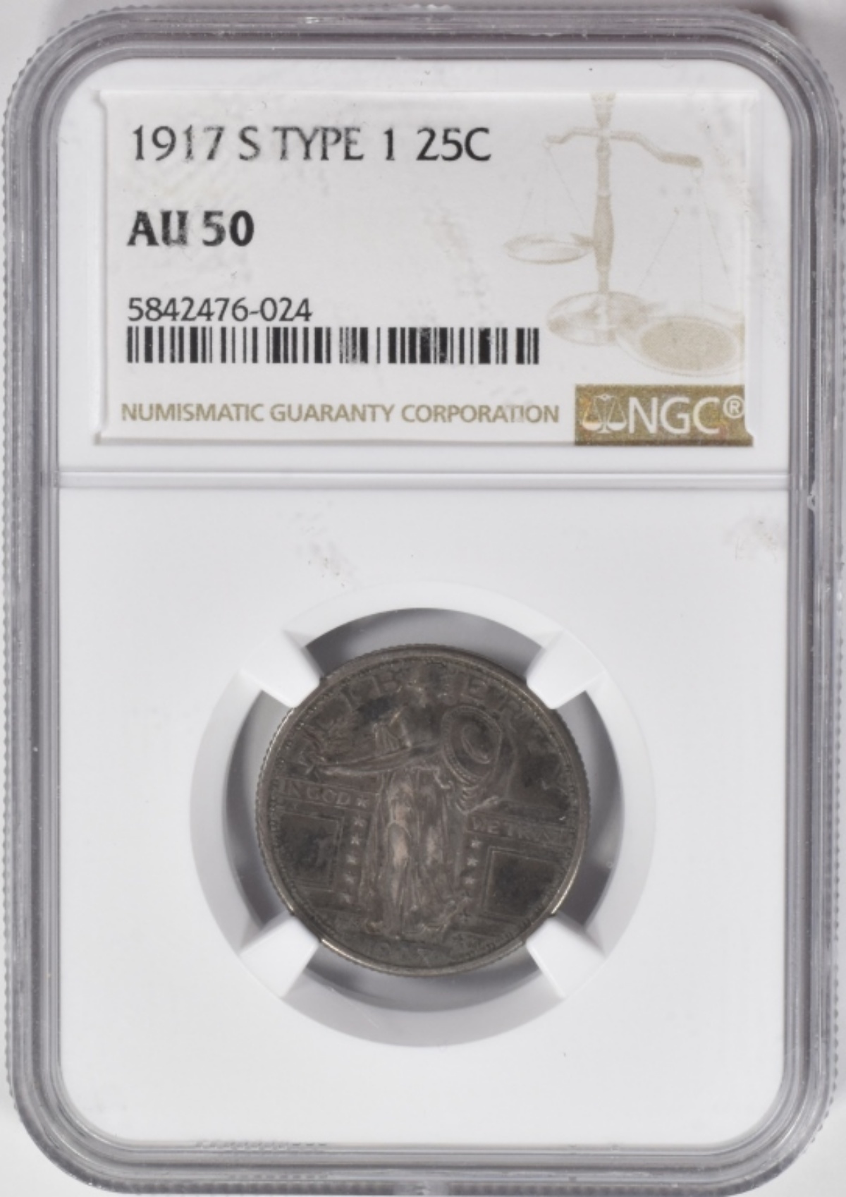 1917-S Type 1 Standing Quarter AU50 NGC