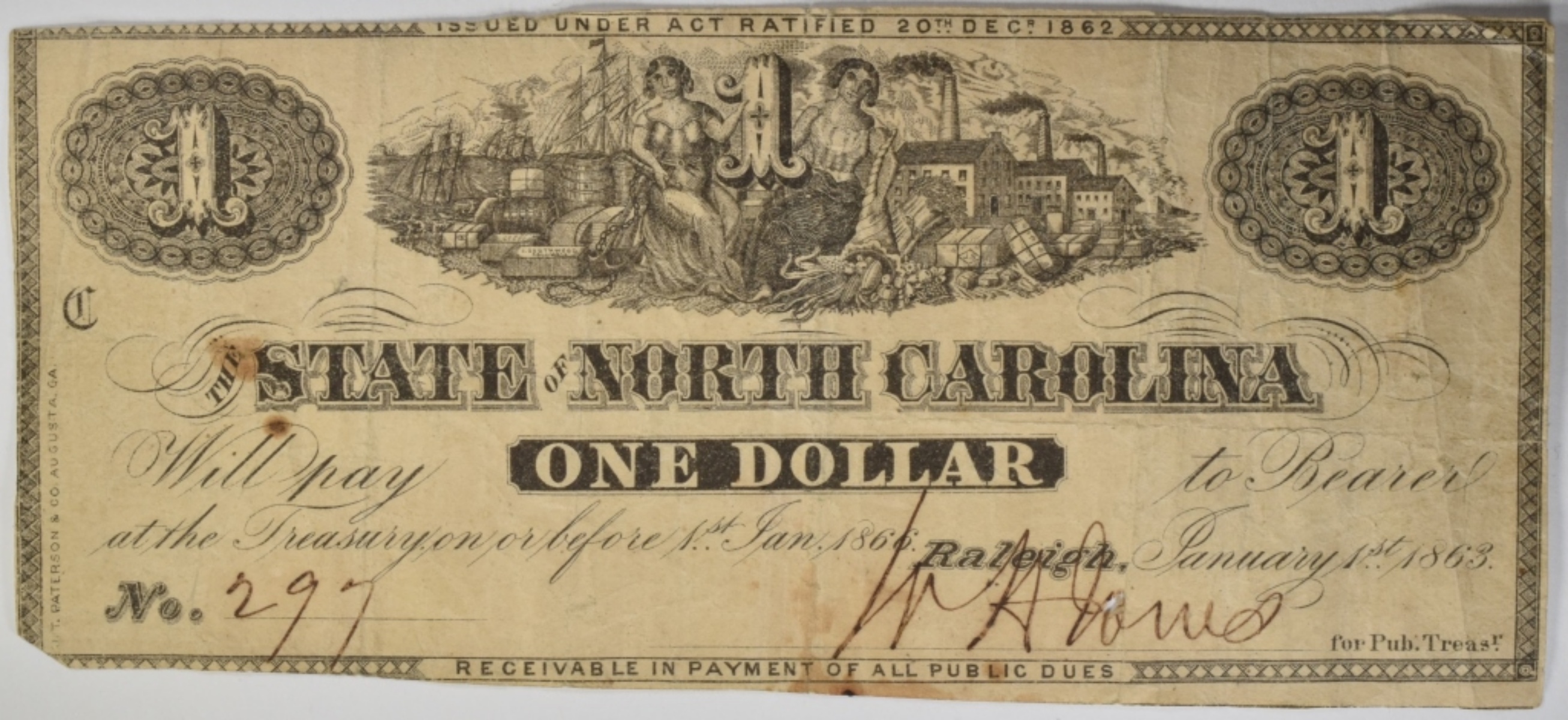 1863 State of North Carolina Raleigh $1 Bank Note