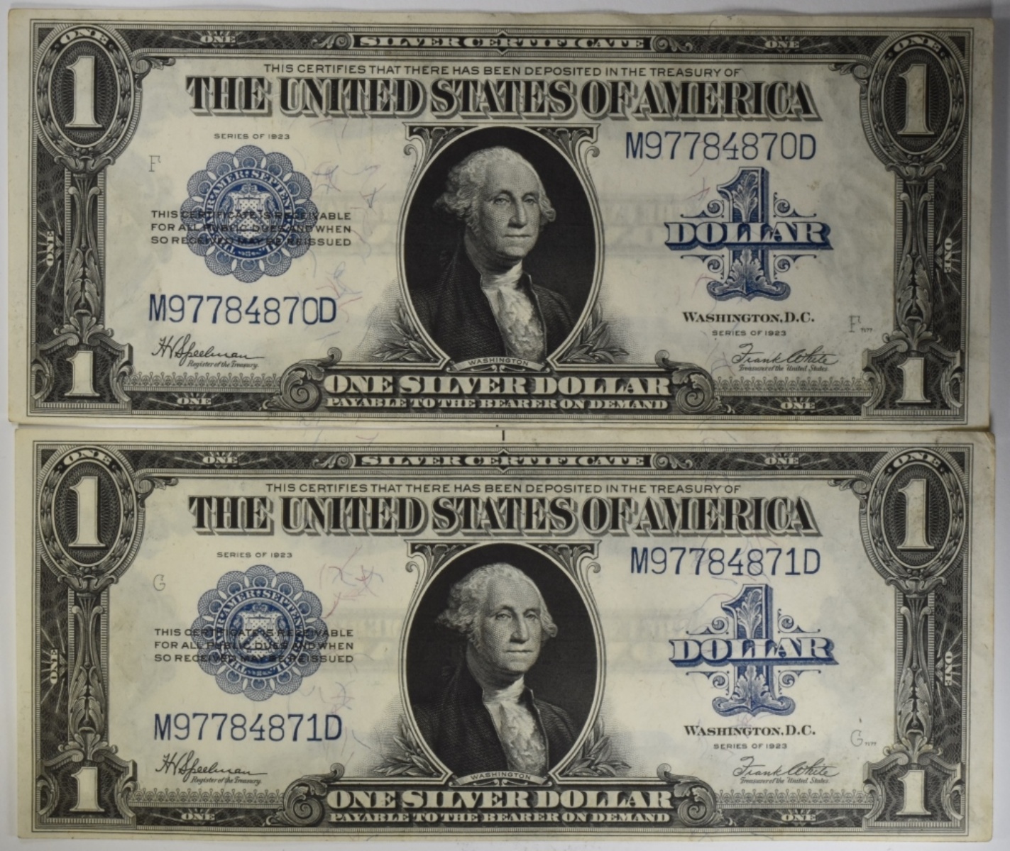 2- 1923 $1 Silver Certs with Consecutive Serial #