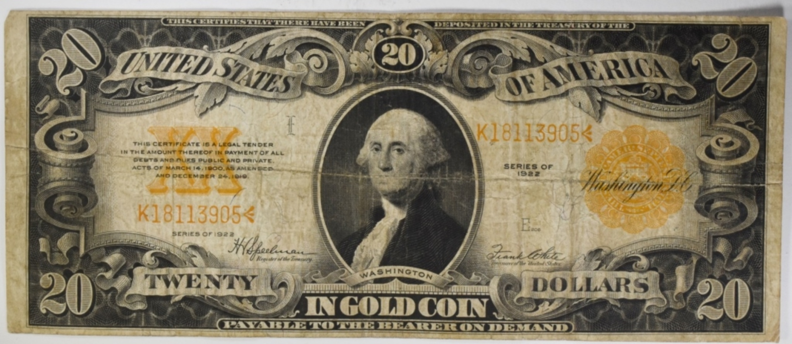 1922 $20 Gold Certificate SN K18113905