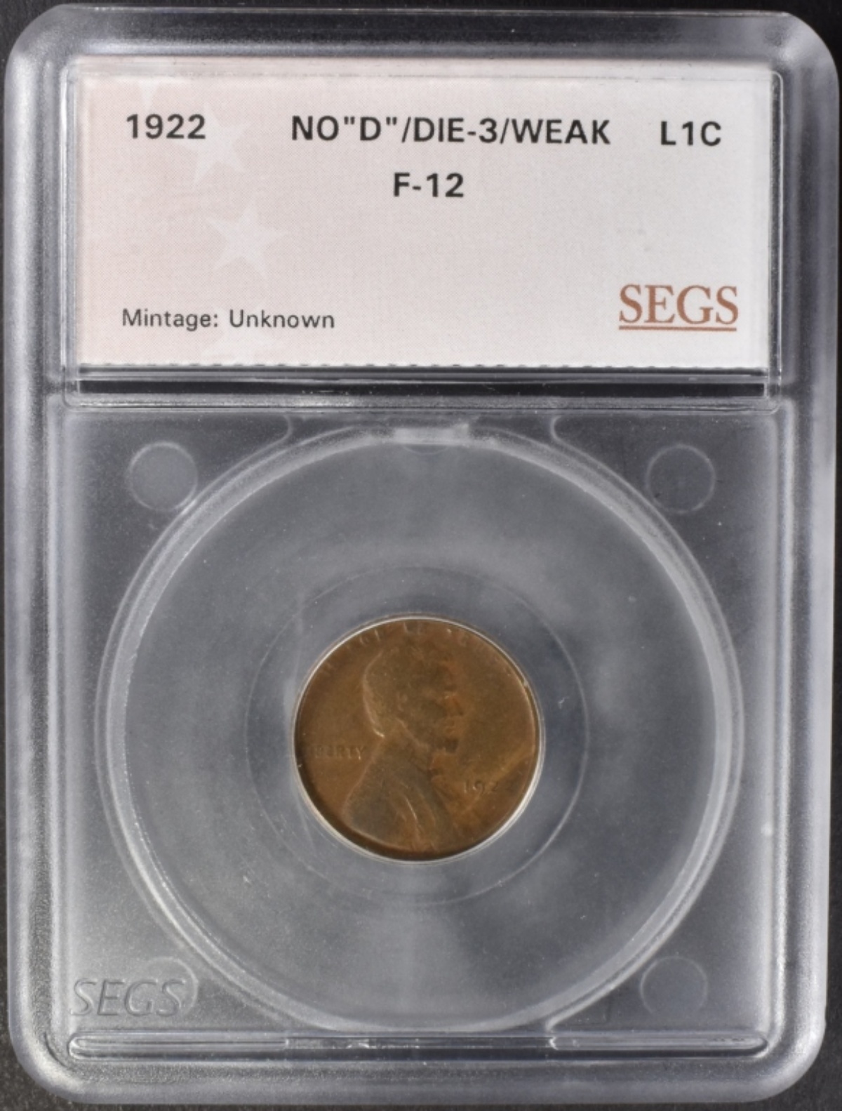 1922 No "D" Lincoln Cent F12 SEGS Die-3 Weak