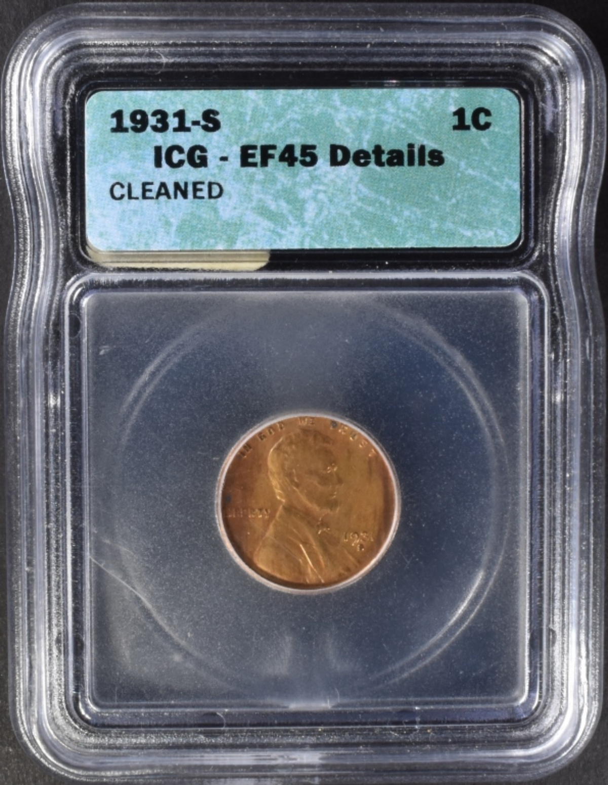 1931-S Lincoln Cent EF45 Details Cleaned ICG