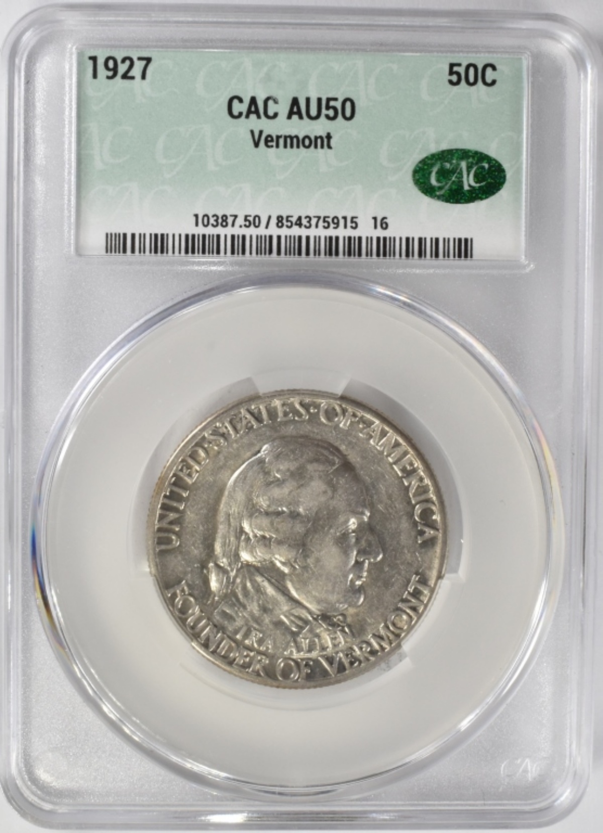 1927 Vermont Commem Half Dollar AU50 CAC