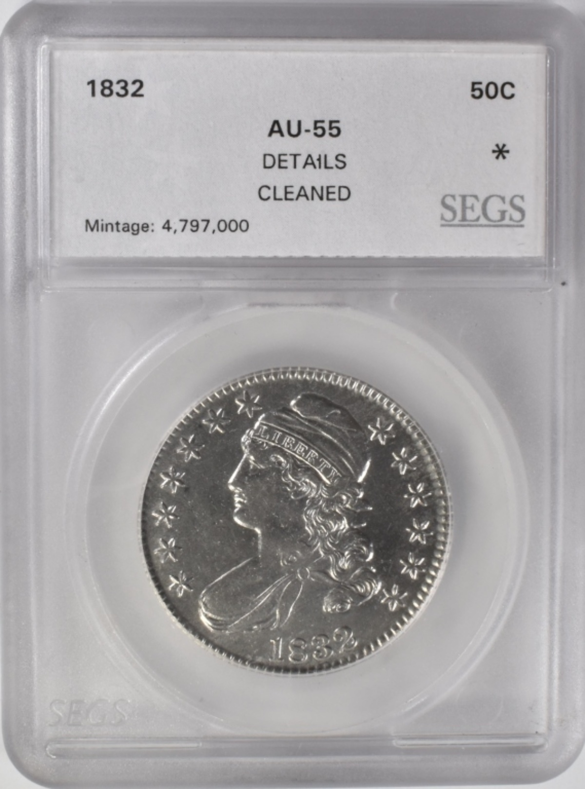 1832 Bust Half Dollar AU55 Details Cleaned SEGS